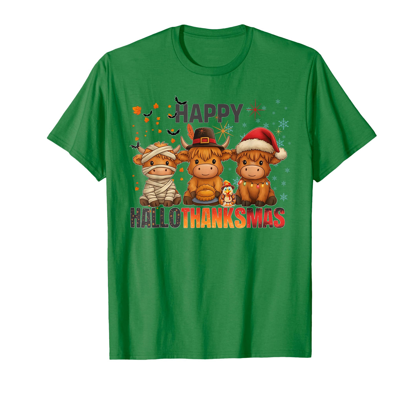 Happy Hallothanksmas Highland Cow Halloween Merry Christmas T-Shirt