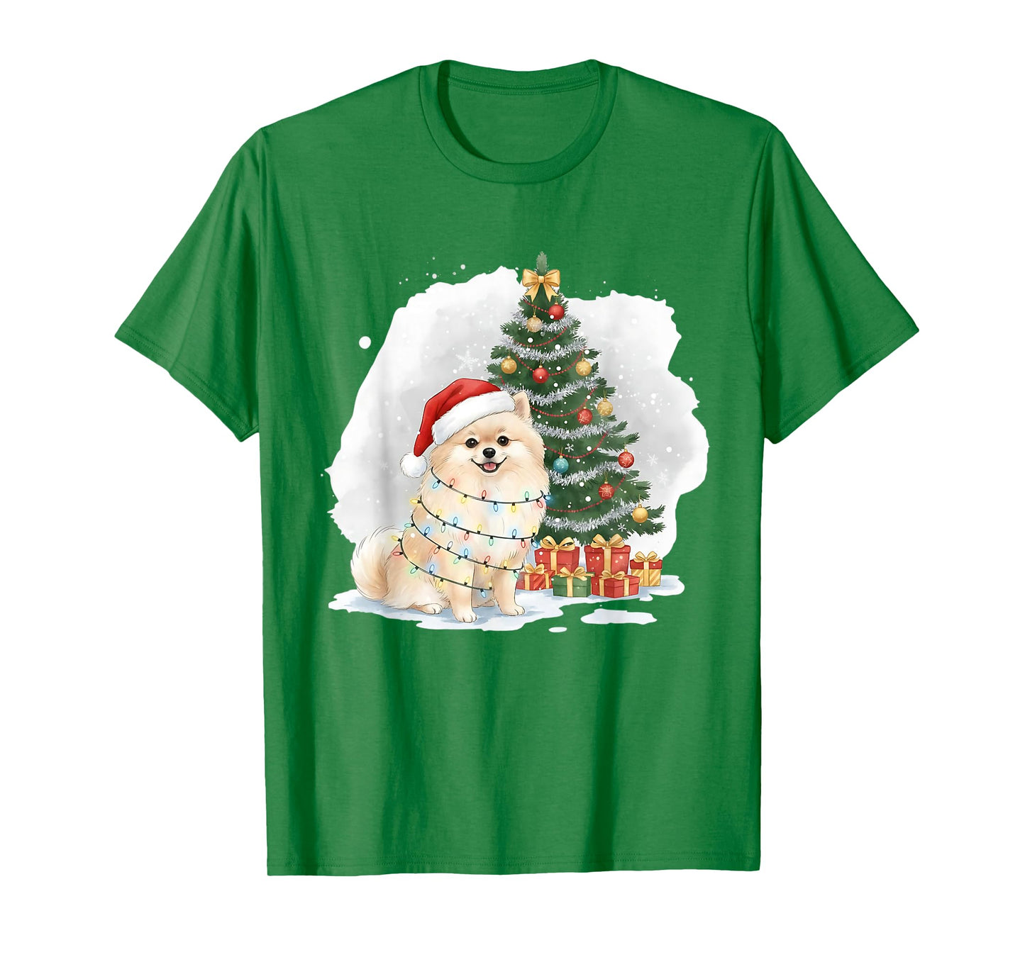 Cute Santa Pomeranian Dog Tangled in Christmas Lights Winter T-Shirt