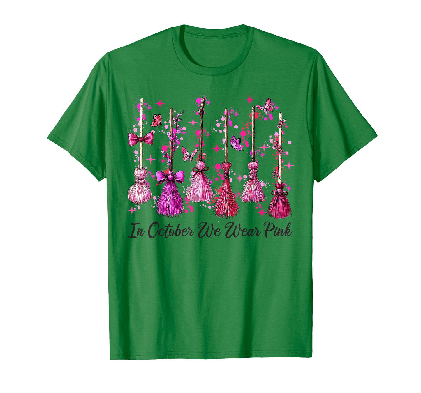 in October We Wear Pink Witch Broom Halloween Breast Cancer T-Shirt