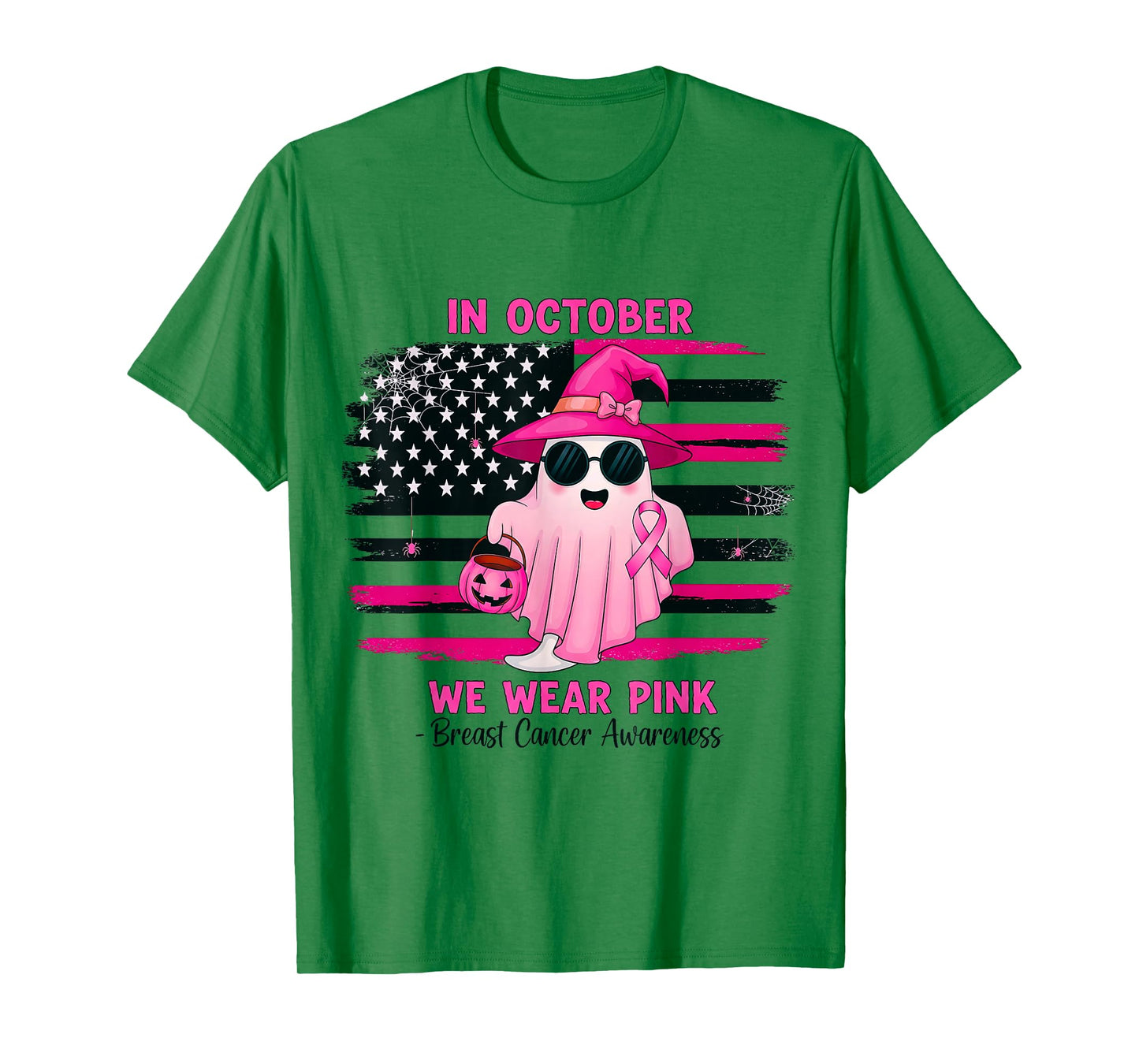 in October We Wear Pink Ghost Witch Breast Cancer Awareness T-Shirt