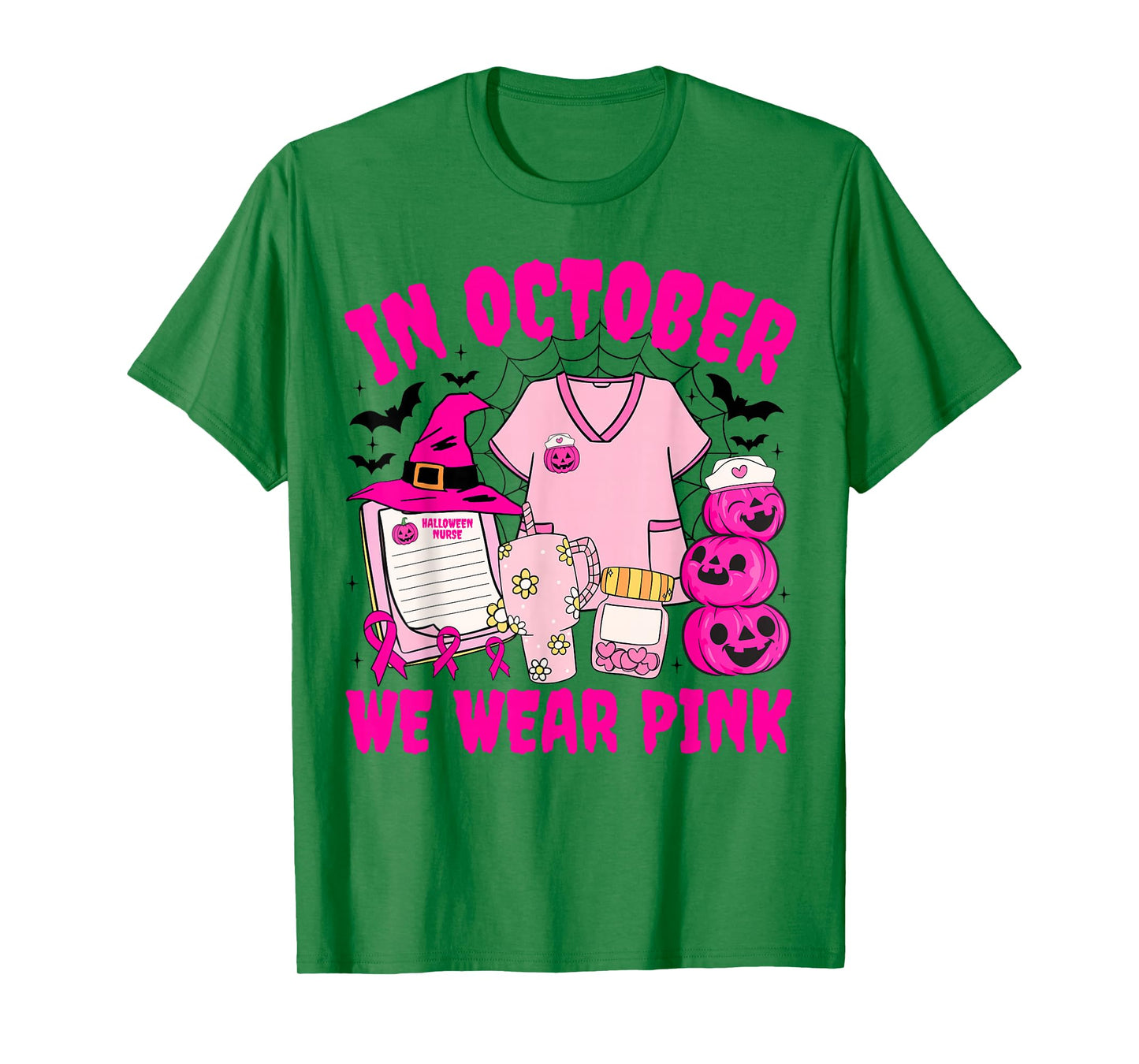 We Wear Pink in October Breast Cancer Nurse Pumpkin Witch T-Shirt