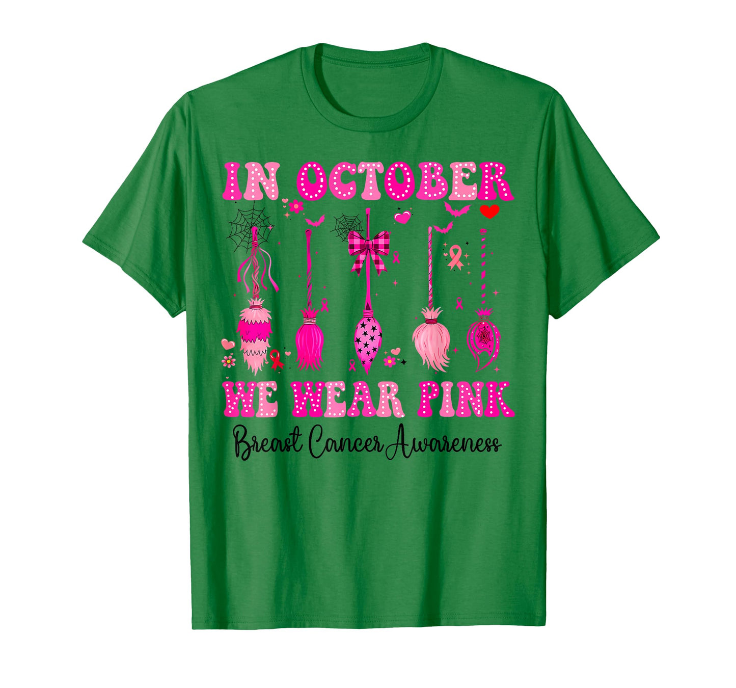 in October We Wear Pink Witch Broom Breast Cancer Halloween T-Shirt
