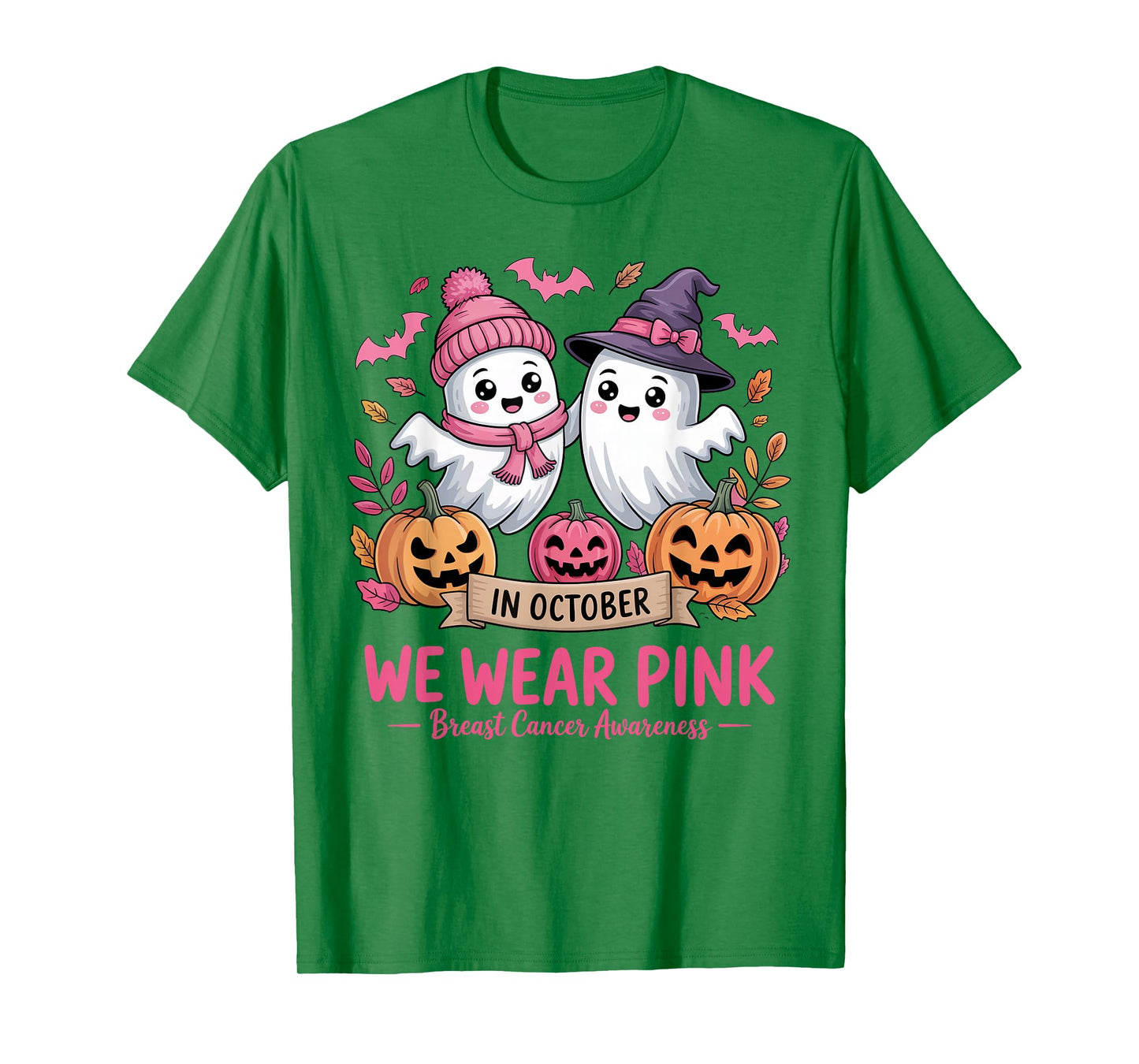 in October We Wear Pink Ghost Witch Breast Cancer Awareness T-Shirt