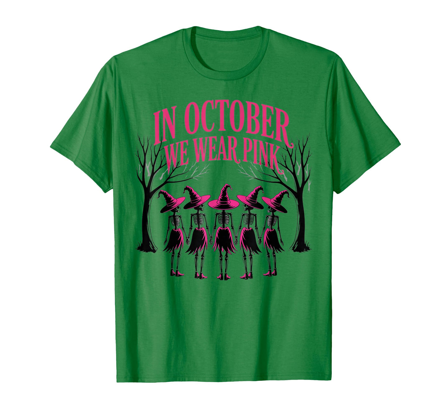 in October We Wear Pink Witch Skeleton Breast Cancer Squad T-Shirt