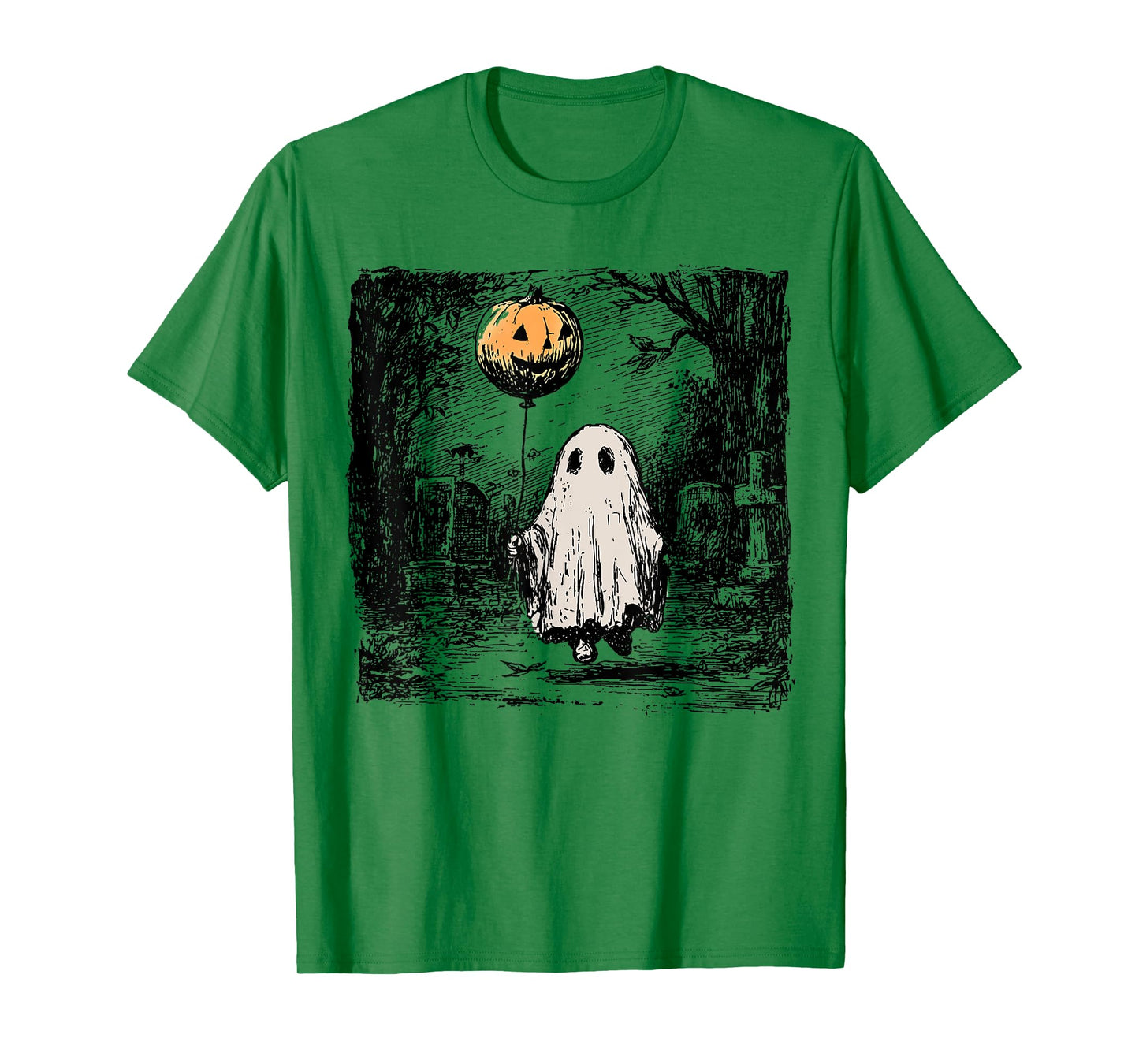 Horror Ghost Holding Pumpkin Bubble Brush Vintage Halloween T-Shirt