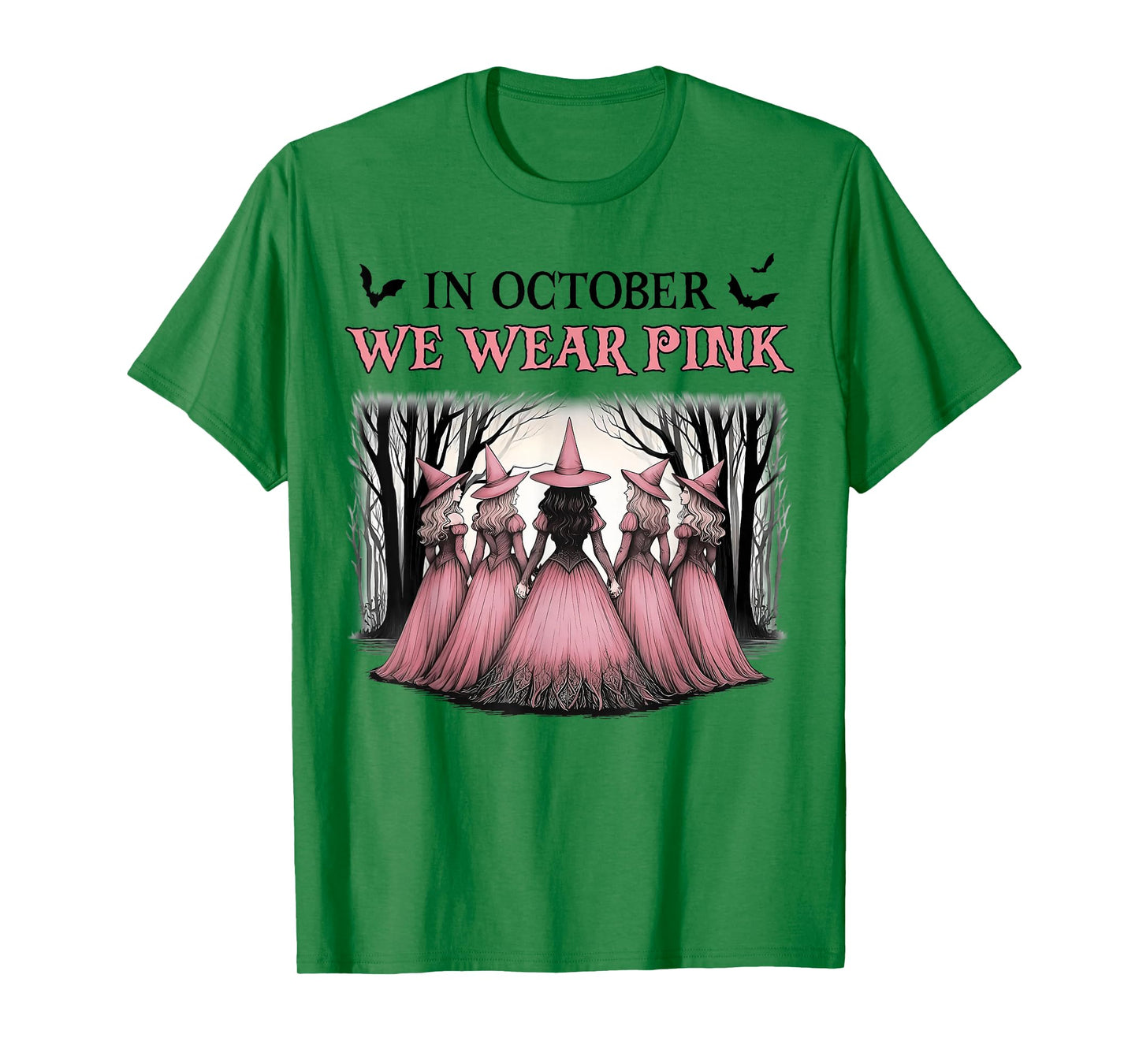 in October We Wear Pink Witch Halloween Breast Cancer Women T-Shirt