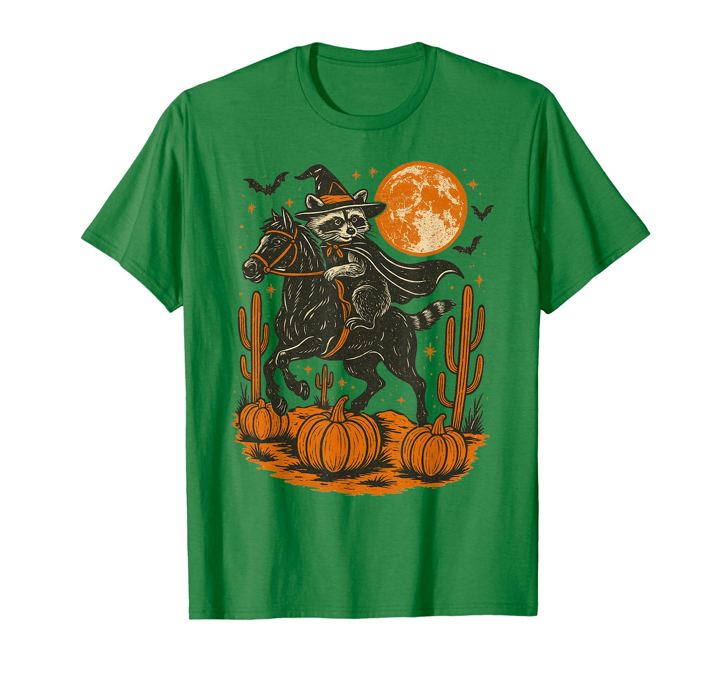 Witch Raccoon Riding Horse Halloween Pumpkin Moon Western T-Shirt
