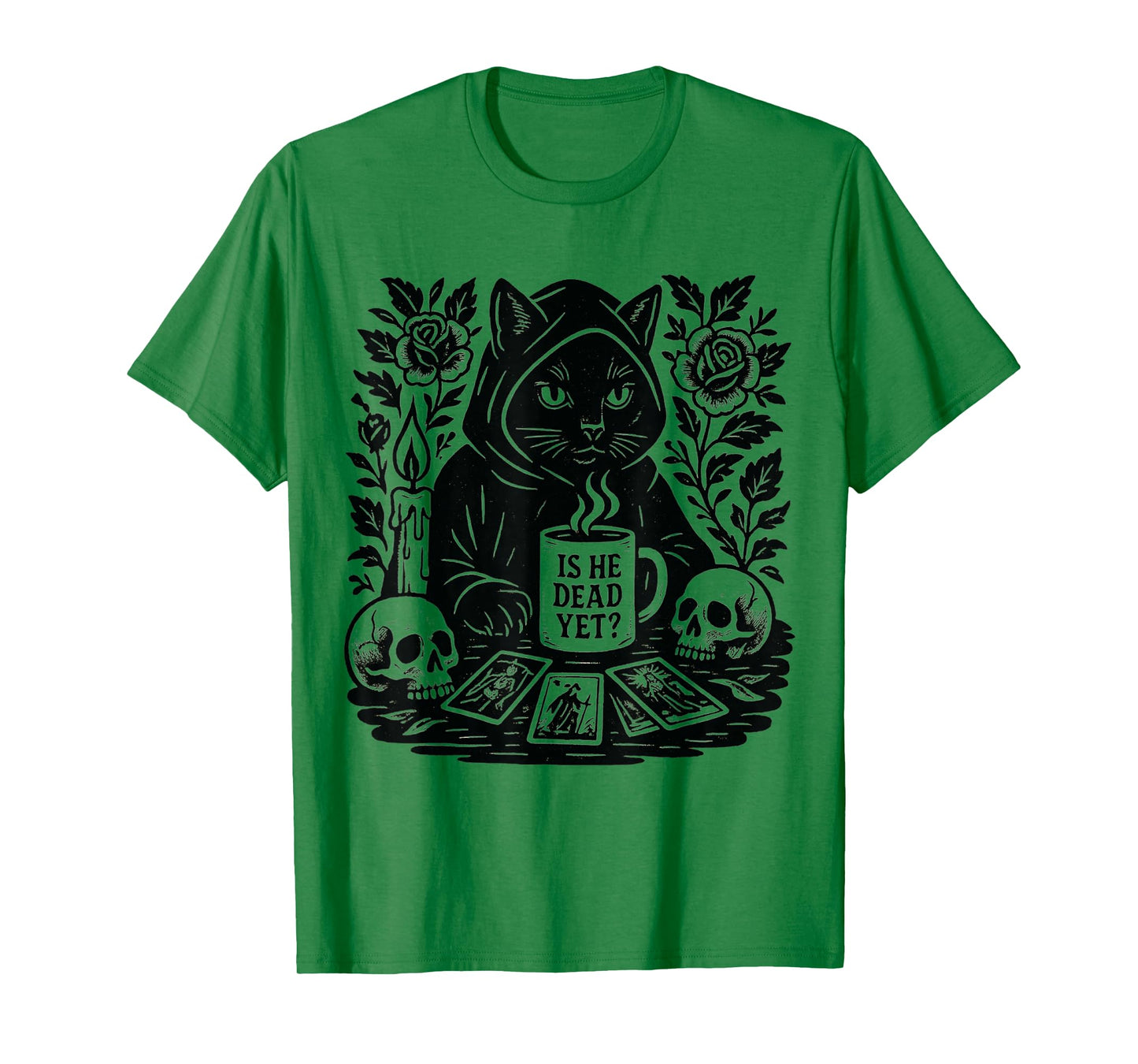 Is He Vintage Dead Yet Dark Humor Gothic Coffee Ritual Cat T-Shirt