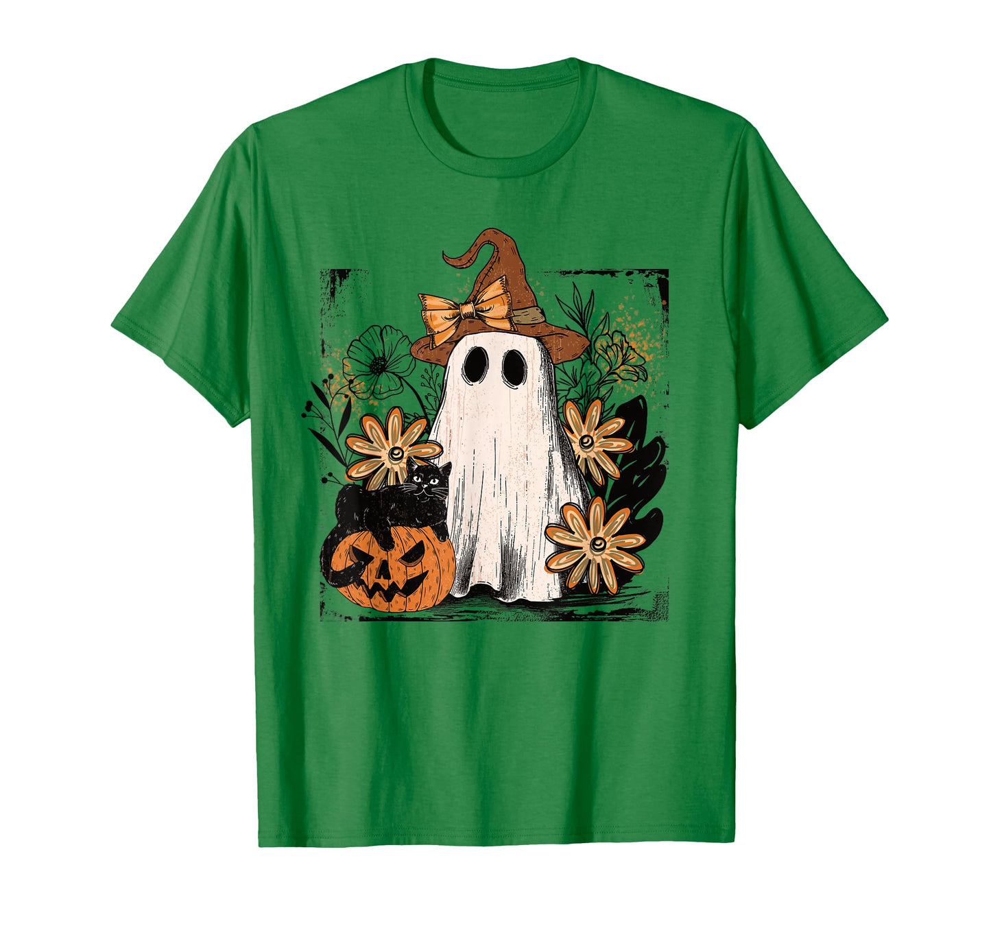 Cute Ghost Witch Cat Pumpkin Halloween Fall Floral Aesthetic T-Shirt