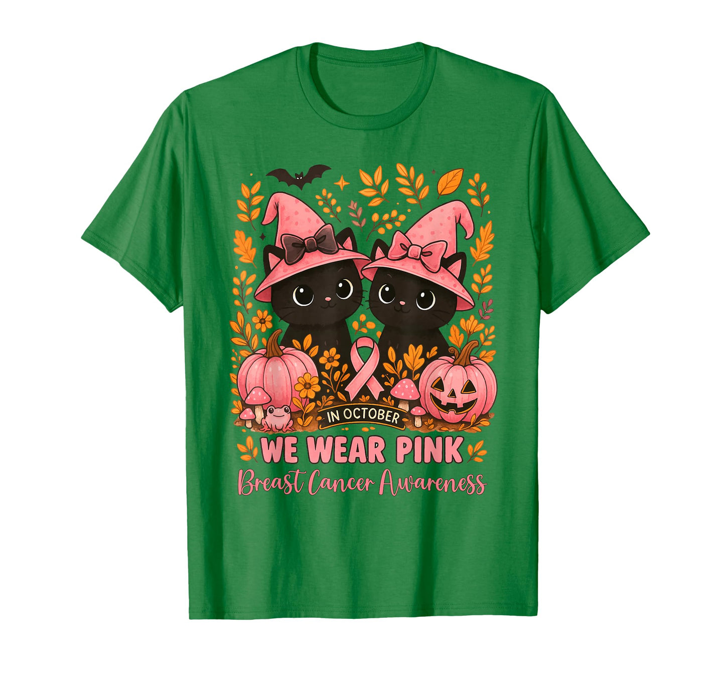 in October We Wear Pink Cats Witches Breast Cancer Awareness T-Shirt