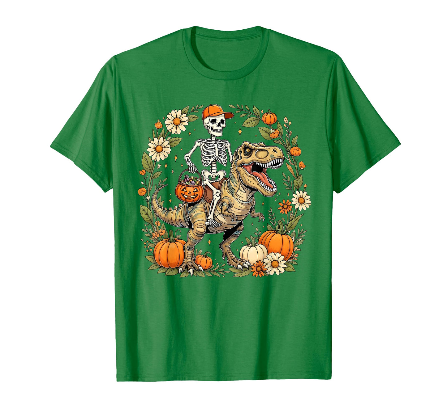 Halloween Skeleton Dinosaur Pumpkin Floral Fall Design Women T-Shirt