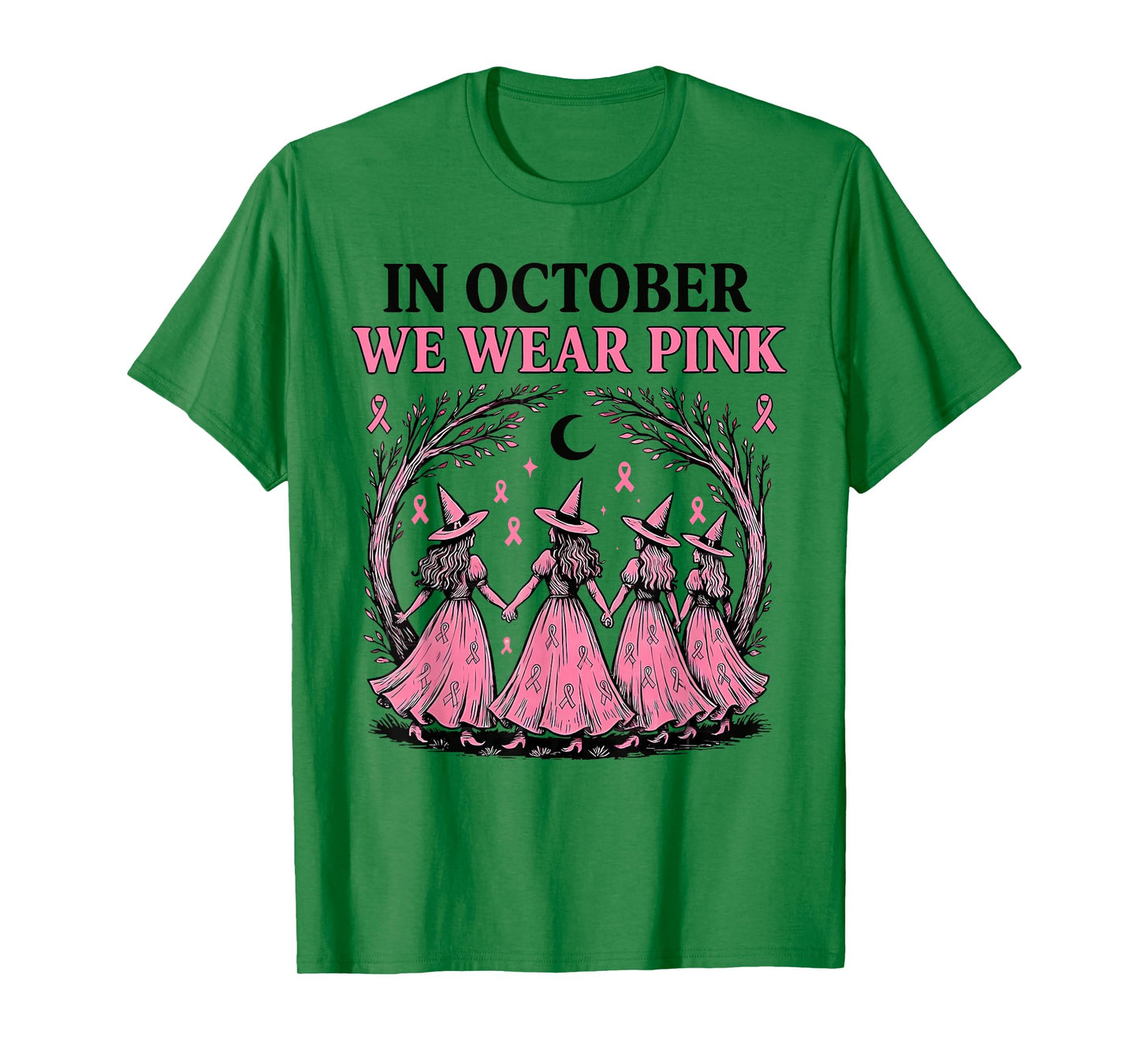 in October We Wear Pink Witch Halloween Breast Cancer T-Shirt