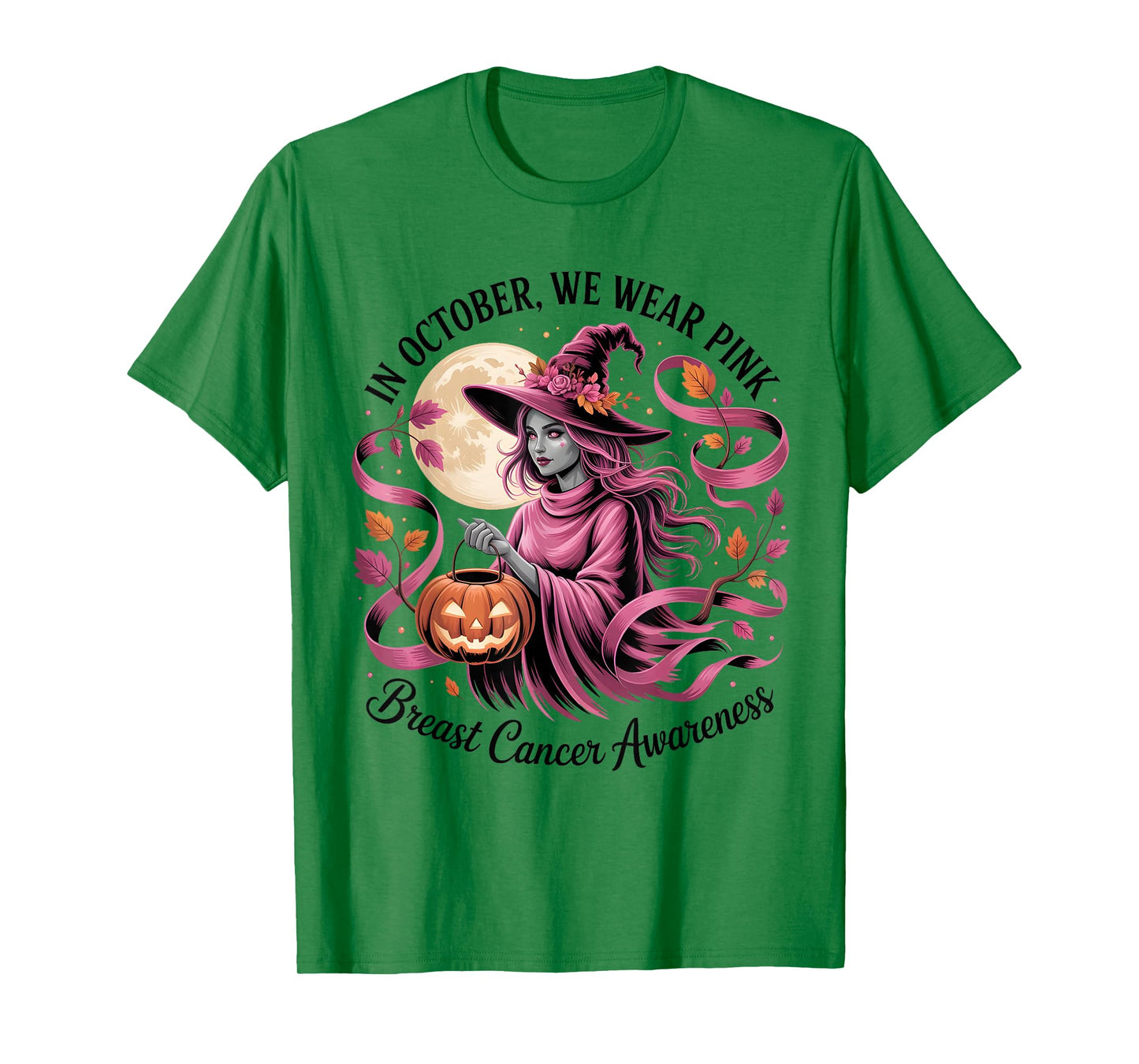 in October We Wear Pink Ribbon Halloween Ghost Witch T-Shirt
