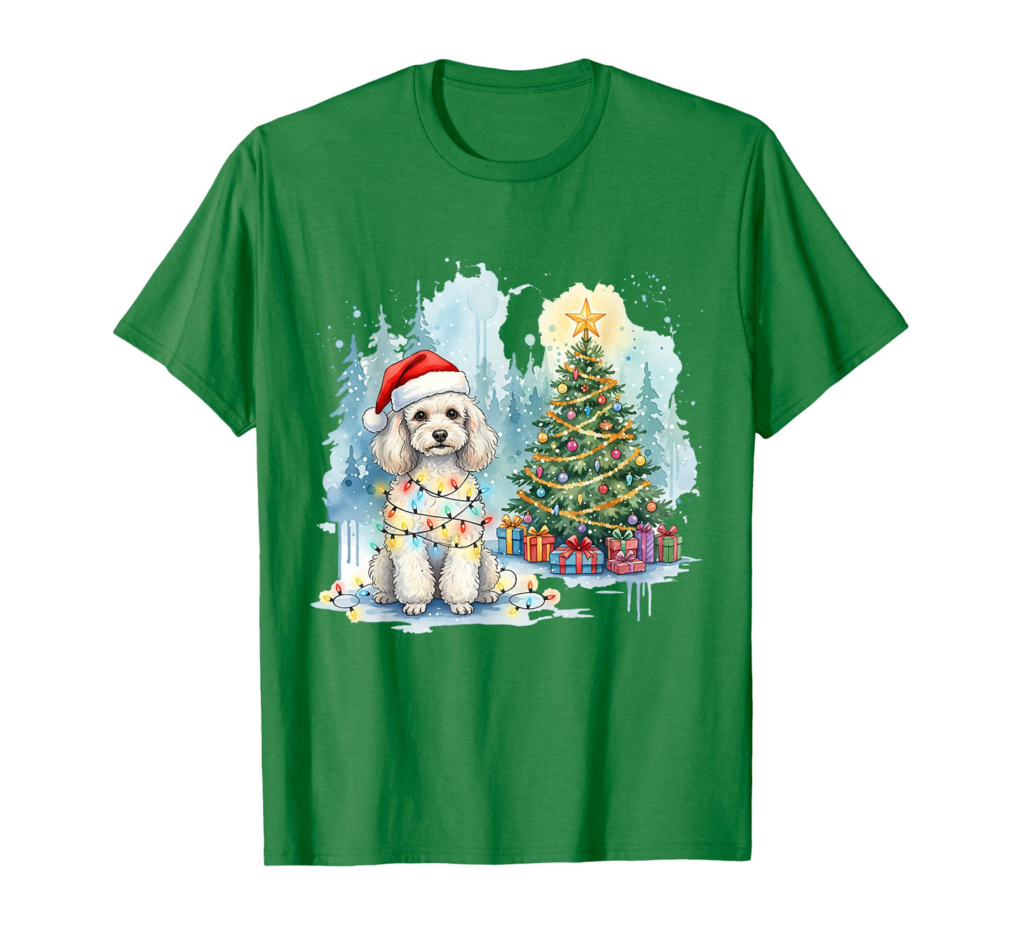 Festive Fluffy Poodle Christmas Santa Hat and Lights Winter T-Shirt