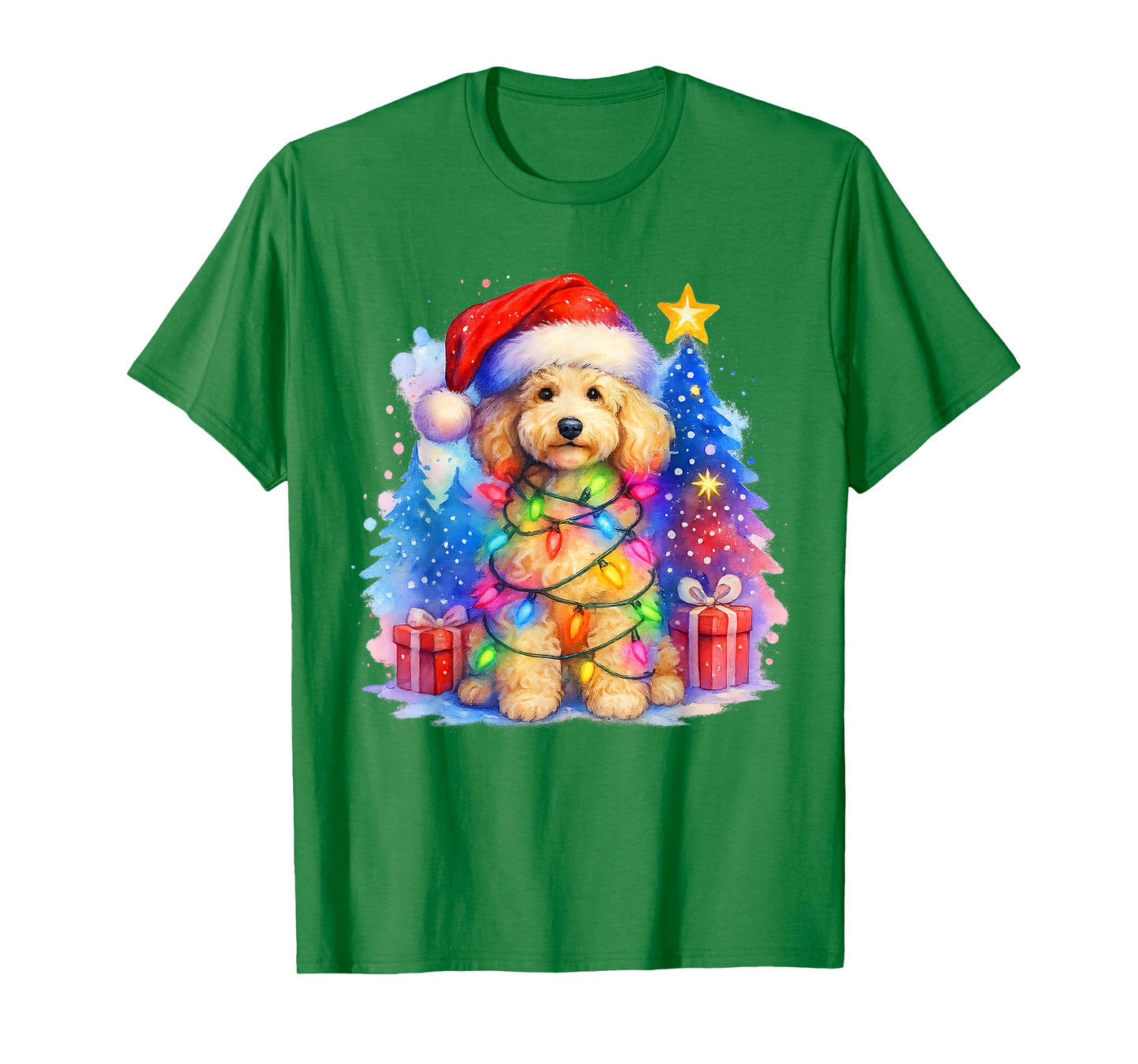 Festive Fluffy Poodle Christmas Santa Hat and Lights Winter T-Shirt