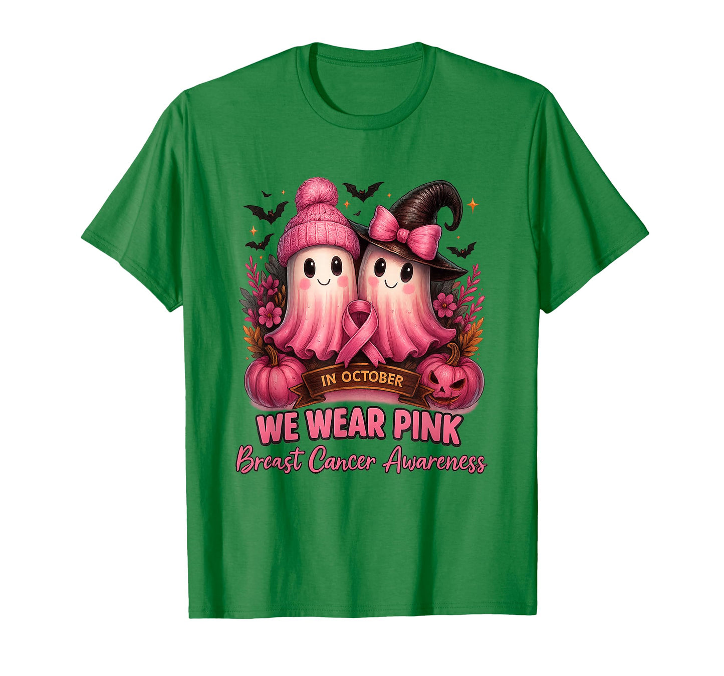 in October We Wear Pink Witch Ghost Breast Cancer Awareness T-Shirt