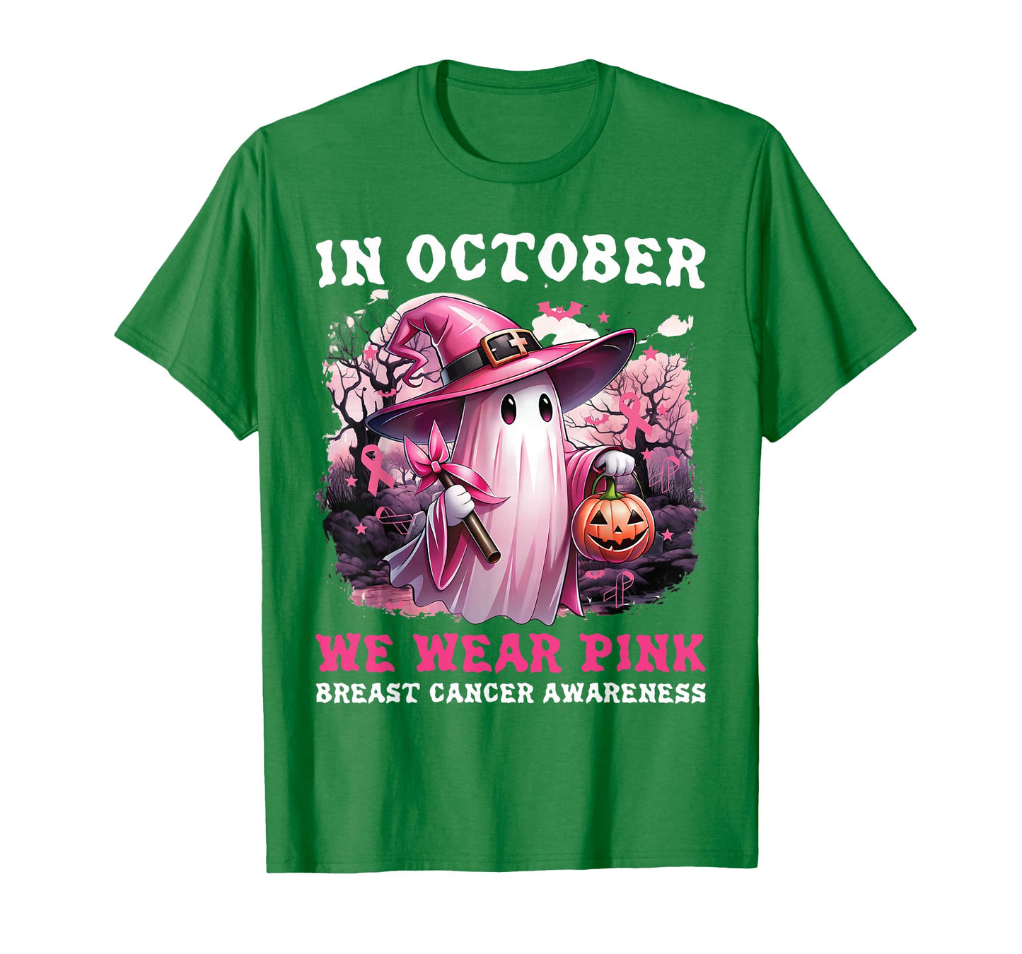in October We Wear Pink Ghost Witch Breast Cancer Awareness T-Shirt