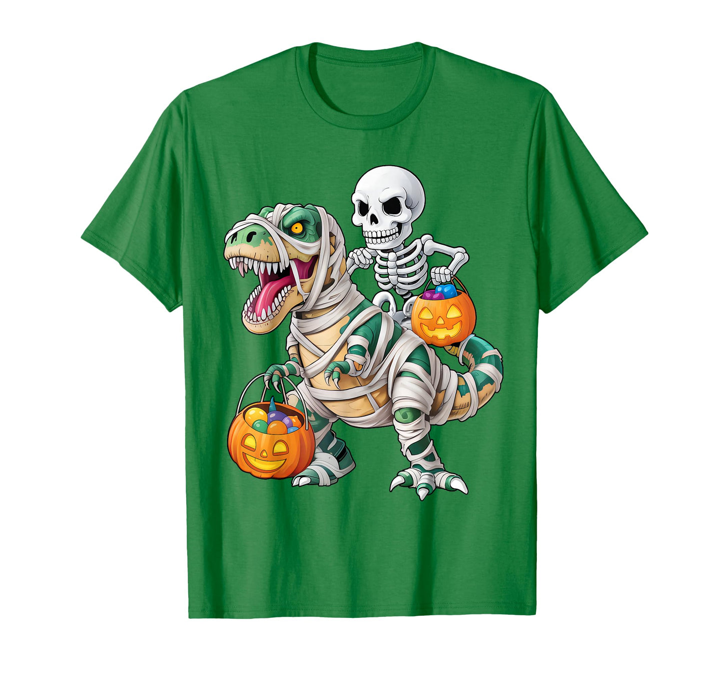 Skeleton Riding Mummy Dino Pumpkin Candy Halloween Costume T-Shirt