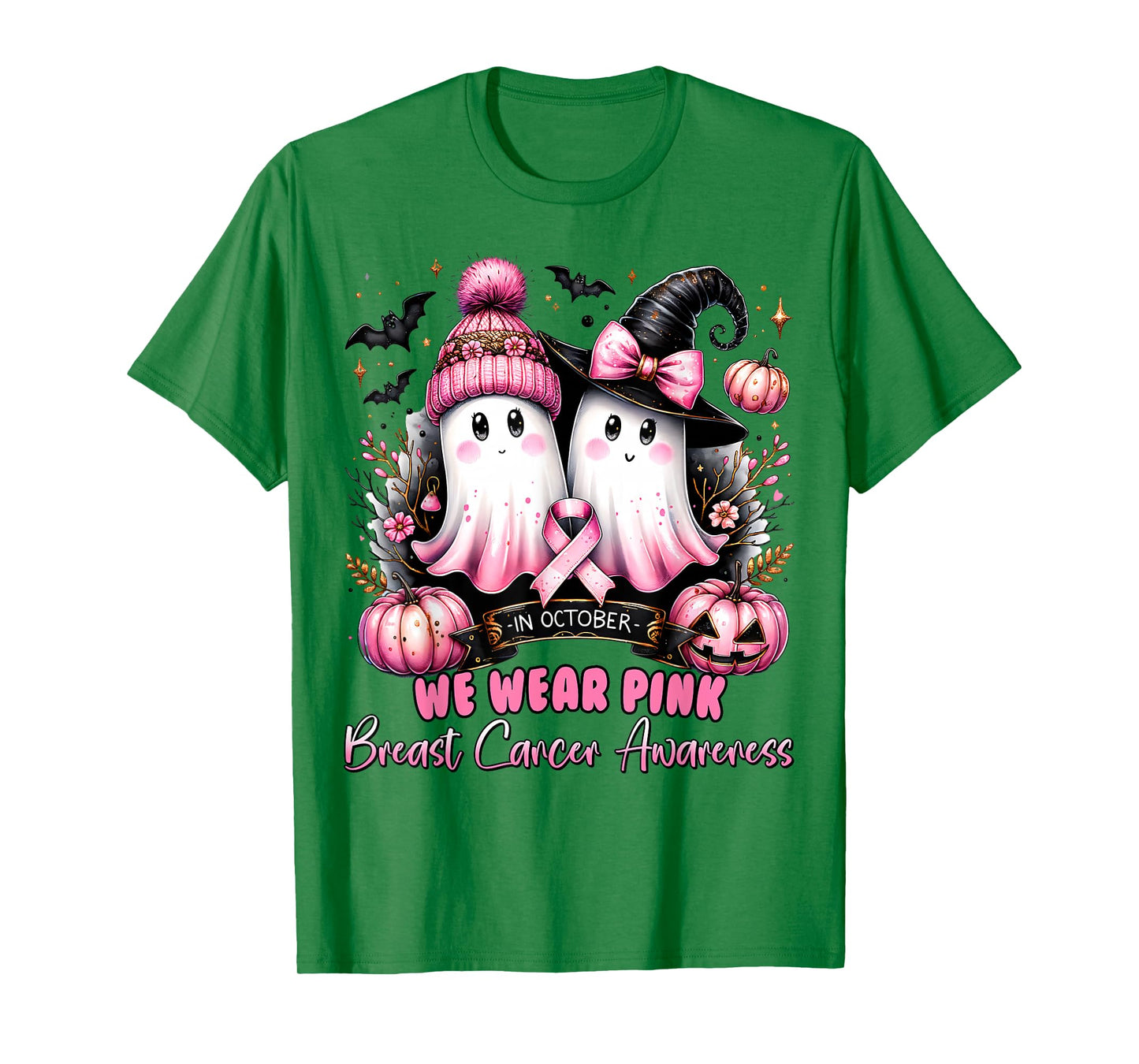 In October We Wear Pink Ghost Witch Breast Cancer Awareness T-Shirt