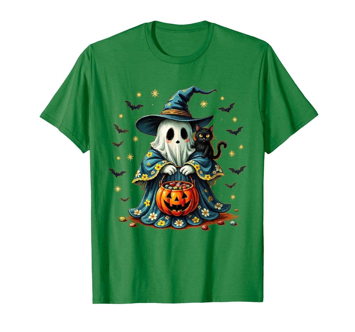 Halloween 2025 Ghost Holding Black Cat Groovy Floral Vintage T-Shirt