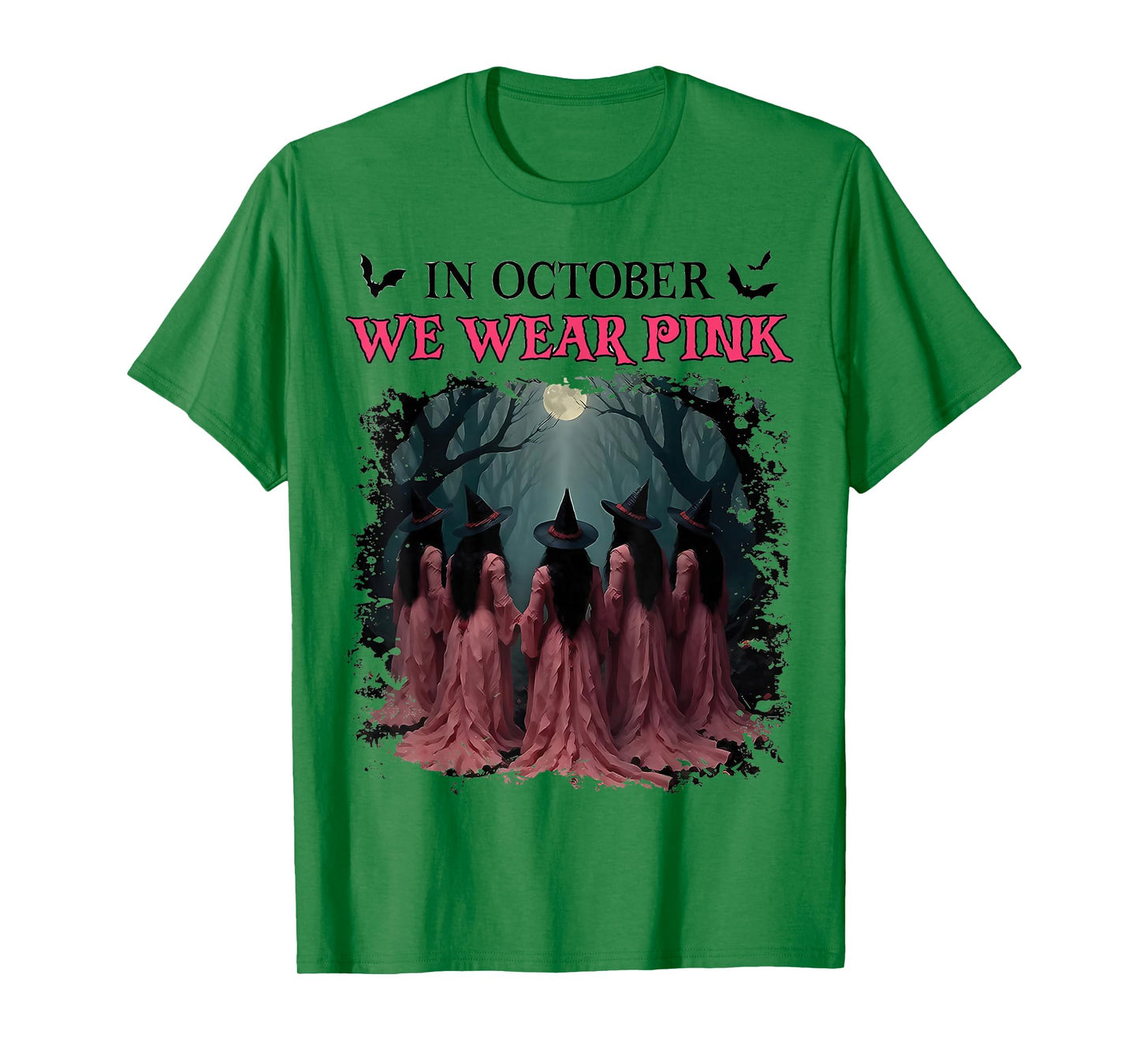 in October We Wear Pink Womens Ghost Witch Breast Cancer T-Shirt