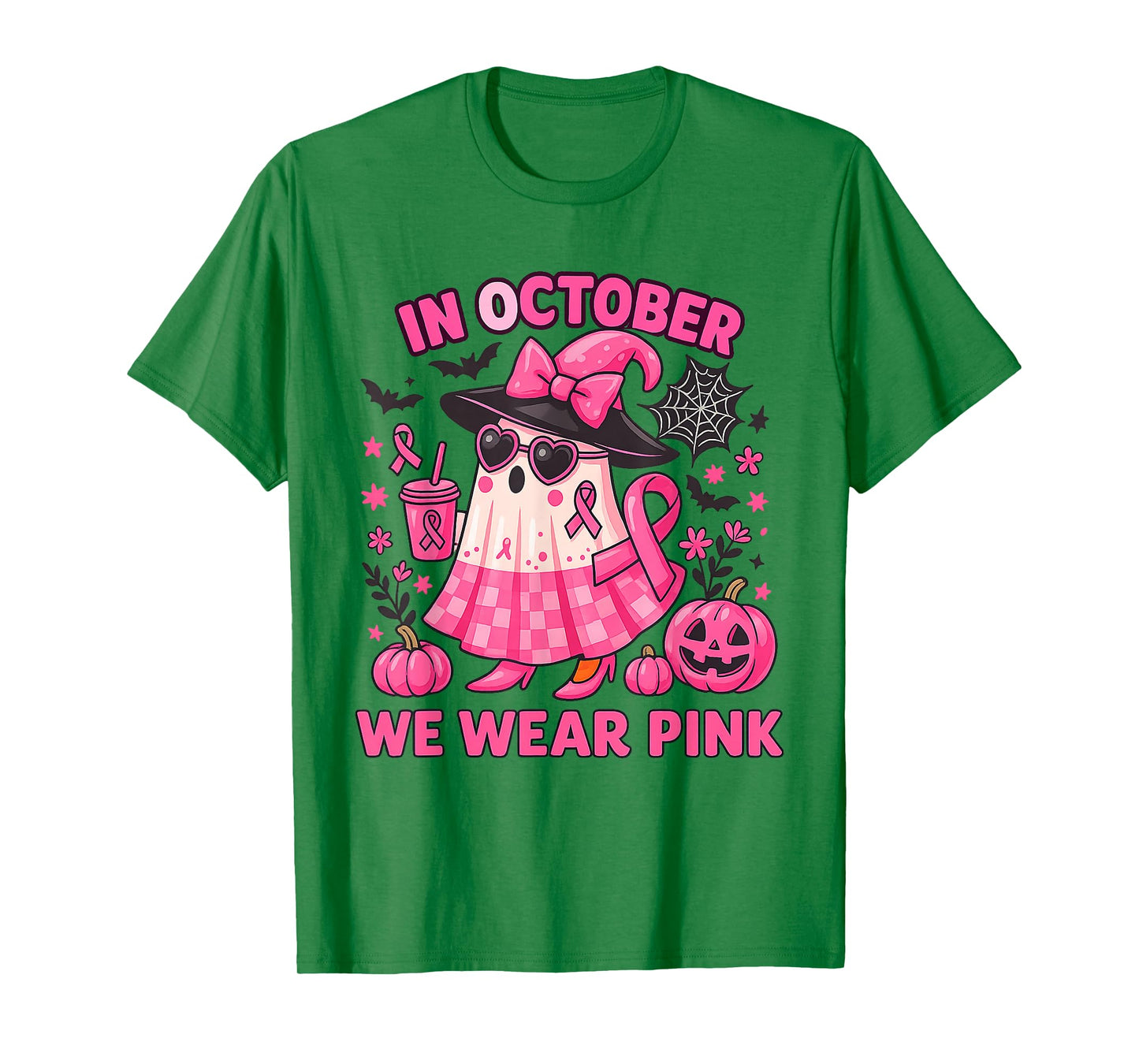 in October We Wear Pink Ghost Witch Breast Cancer Awareness T-Shirt