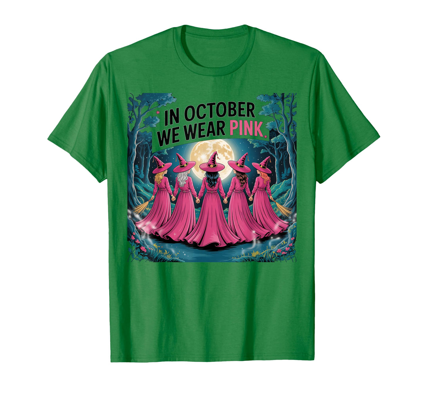 October We Wear Pink Funny Halloween Witches Breast Cancer T-Shirt
