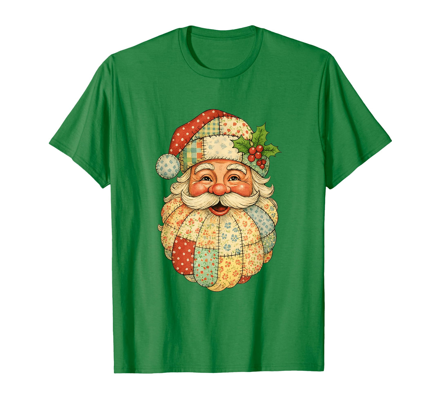 Retro Graphic Patchwork Santa Claus Face Preppy Xmas Pajama T-Shirt
