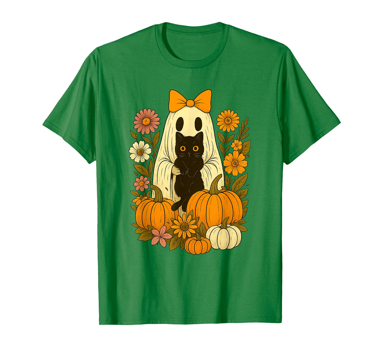 Vintage Cute Halloween Ghost Holding Cat Groovy Floral T-Shirt