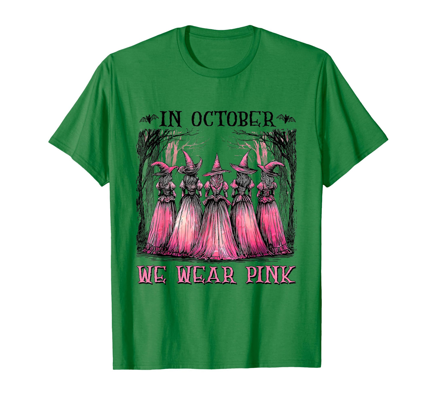 in October We Wear Pink Ribbon Witch Halloween Breast Cancer T-Shirt