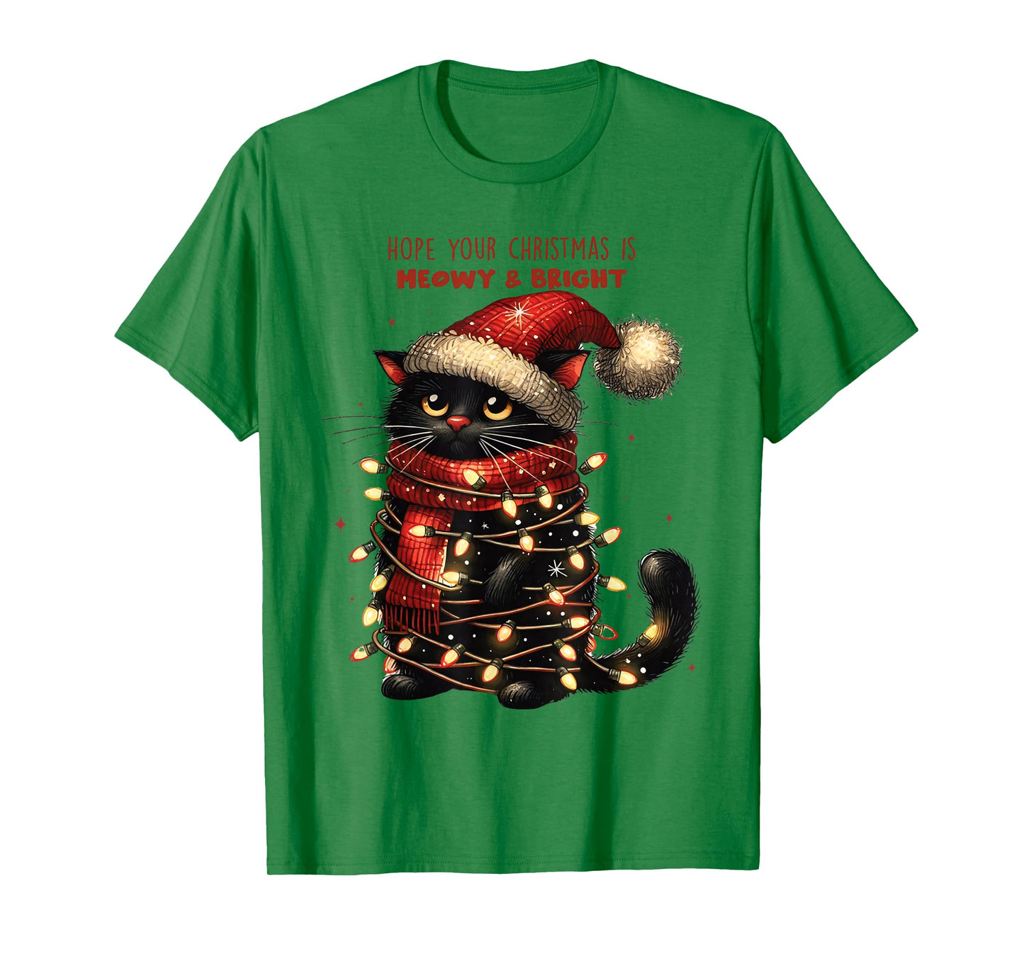 Funny Christmas Cat Shirt Wrapped in Lights Meowy and Bright T-Shirt