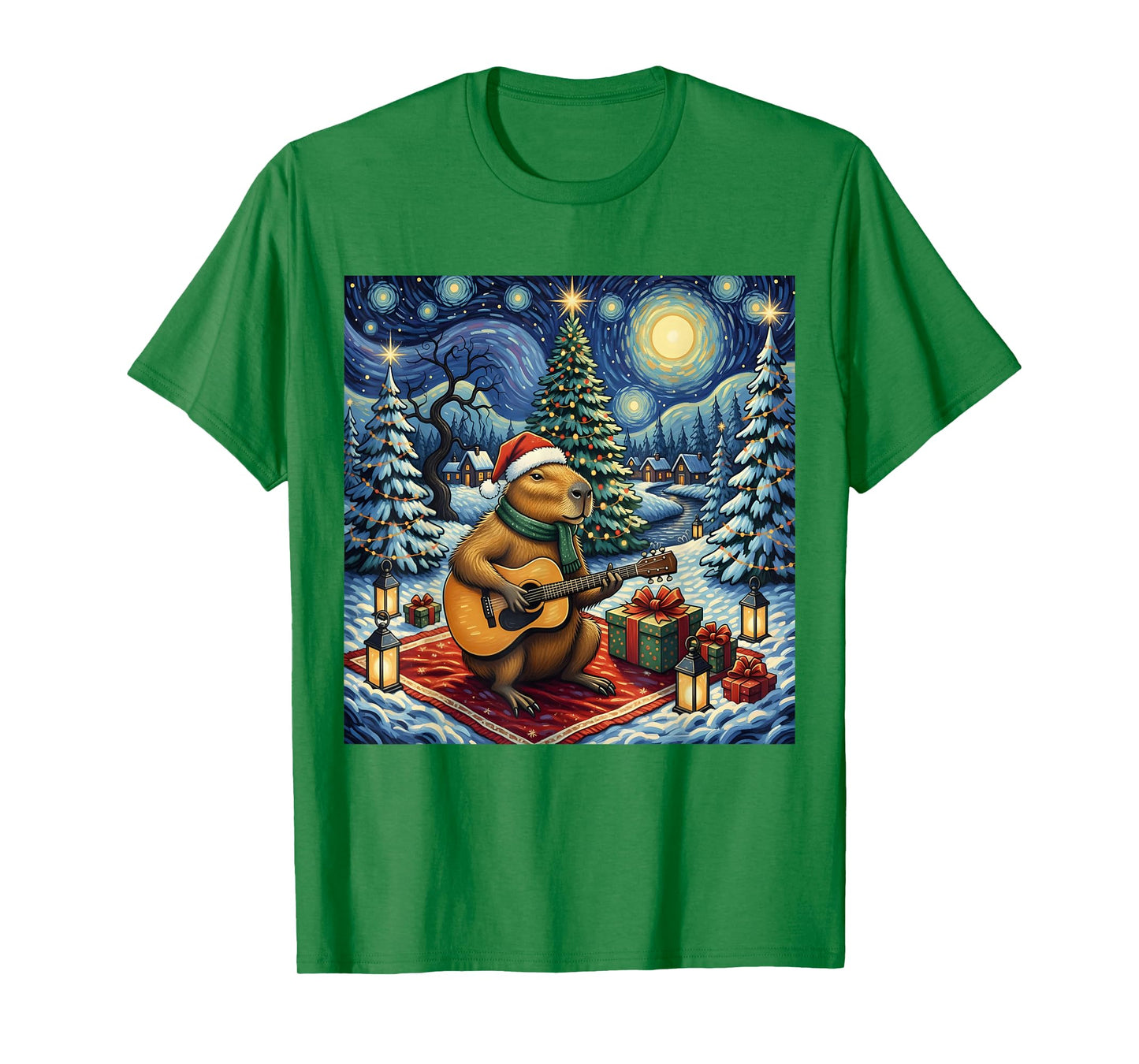 Capybara Playing The Guitar Van Gogh Style Christmas Themed T-Shirt