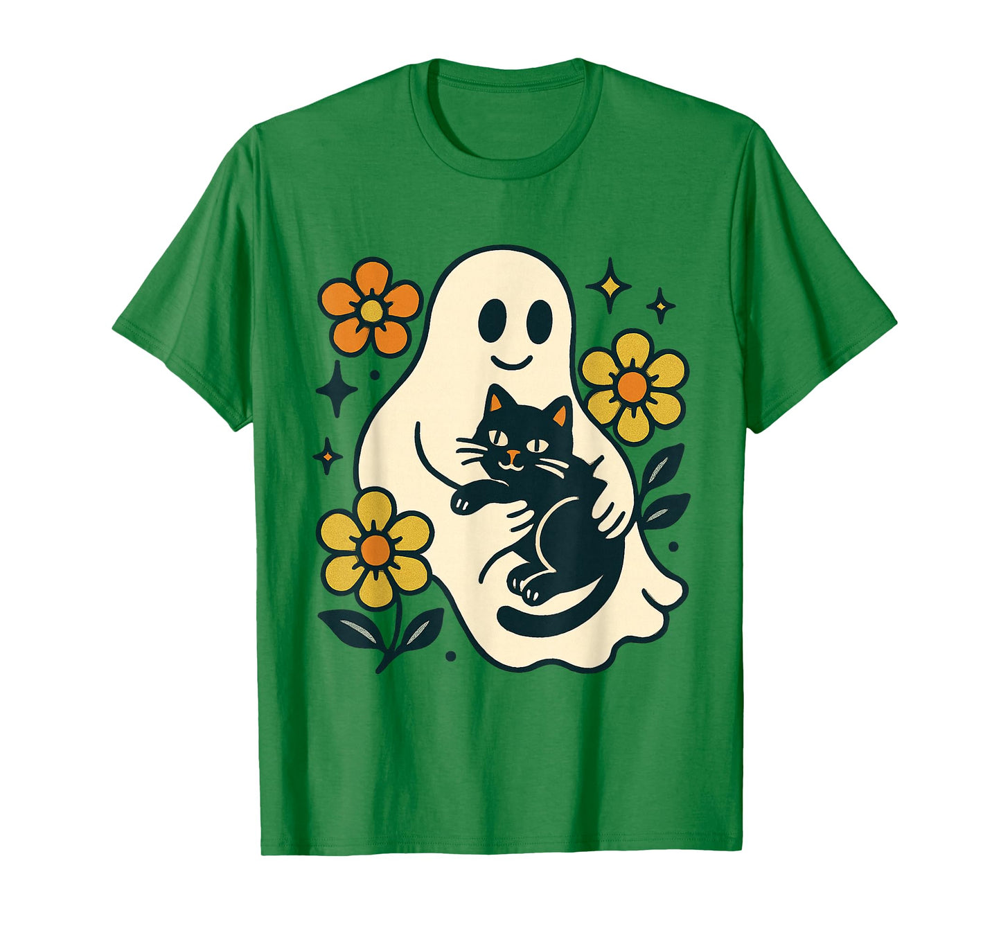 Vintage Halloween Ghost Holding Black Cat Groovy Floral T-Shirt