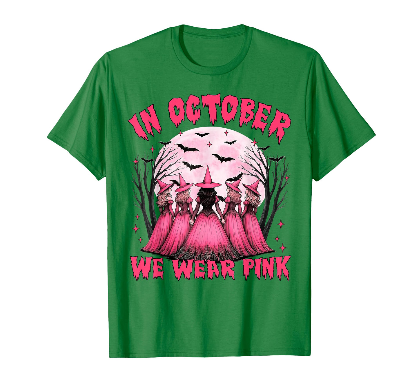 in October We Wear Pink Witch Halloween Breast Cancer Women T-Shirt