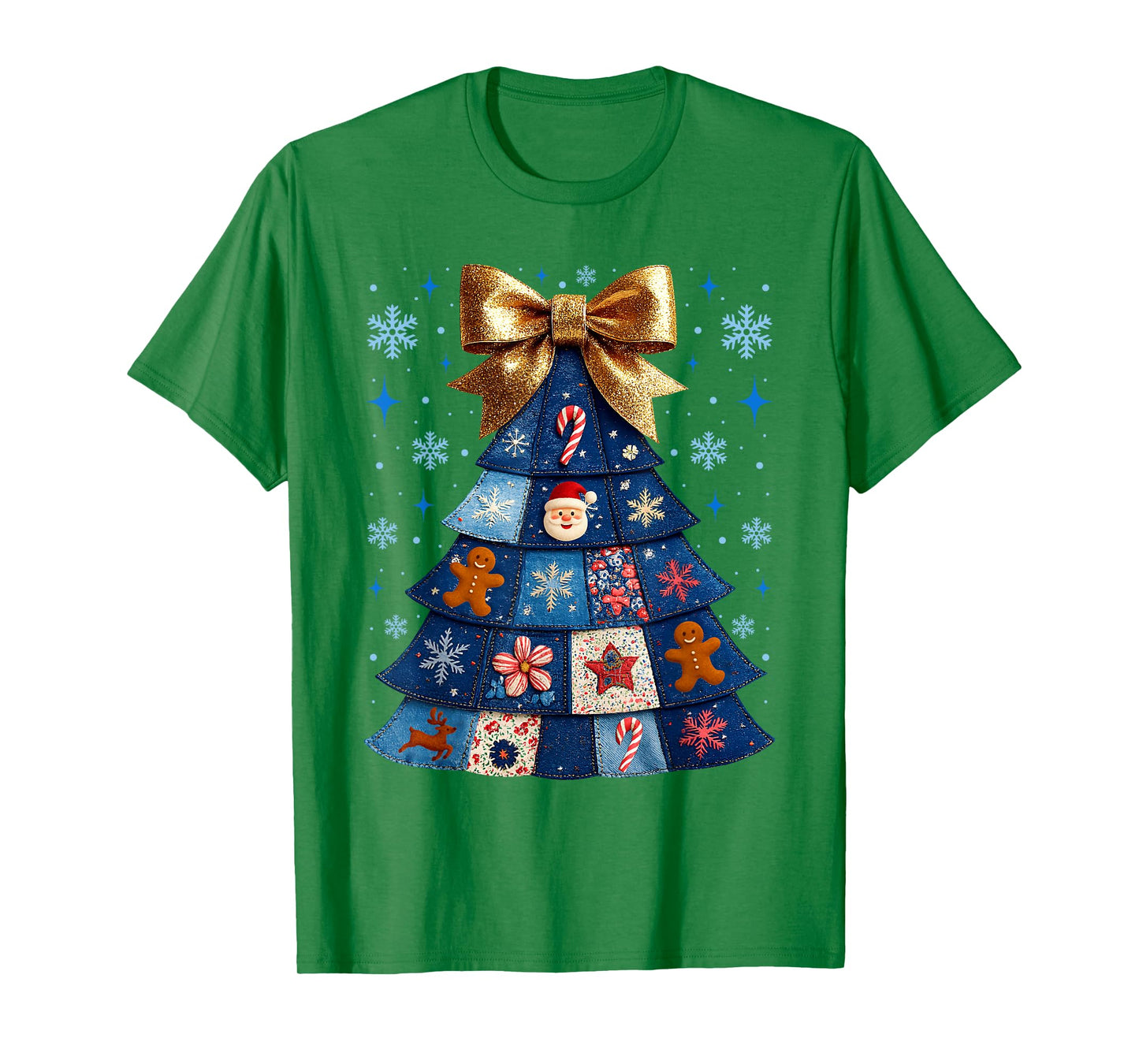 Denim Christmas Tree Quilt Patchwork Merry Christmas Fabric T-Shirt