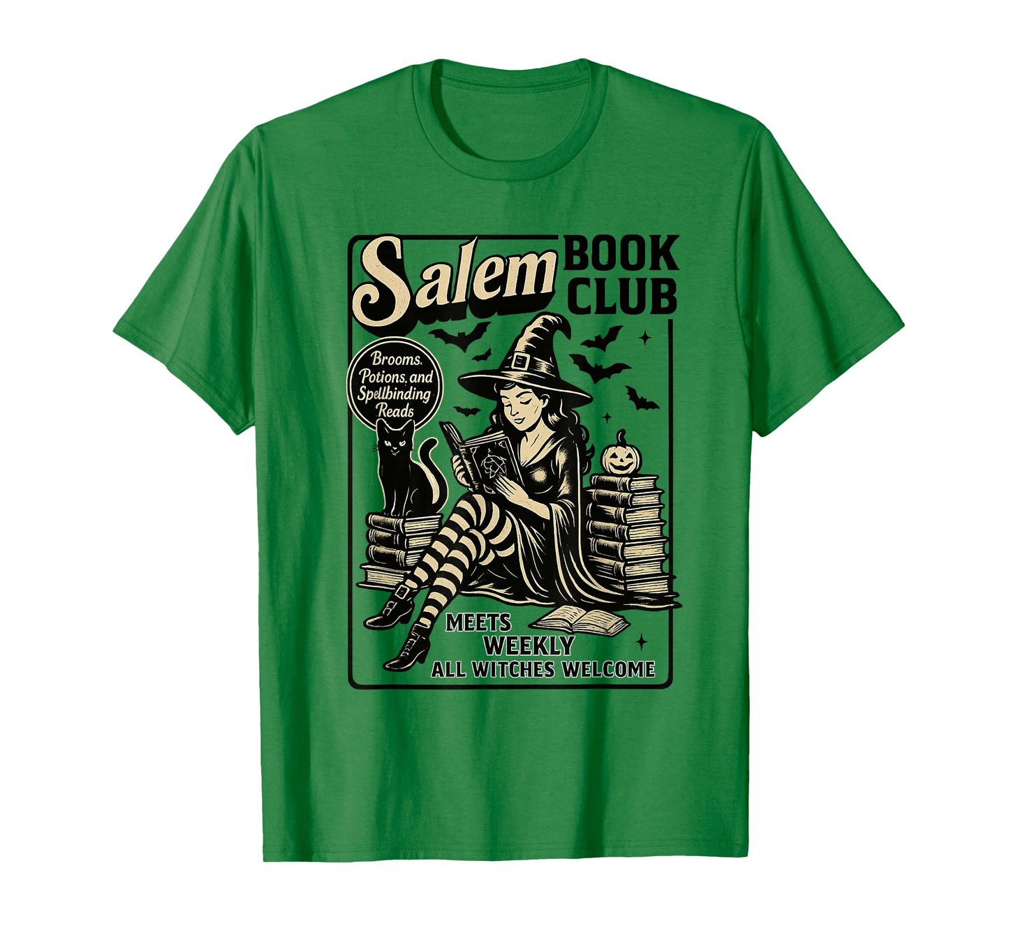 Vintage Salem Book Club Black Cat Bookish Spooky Halloween T-Shirt