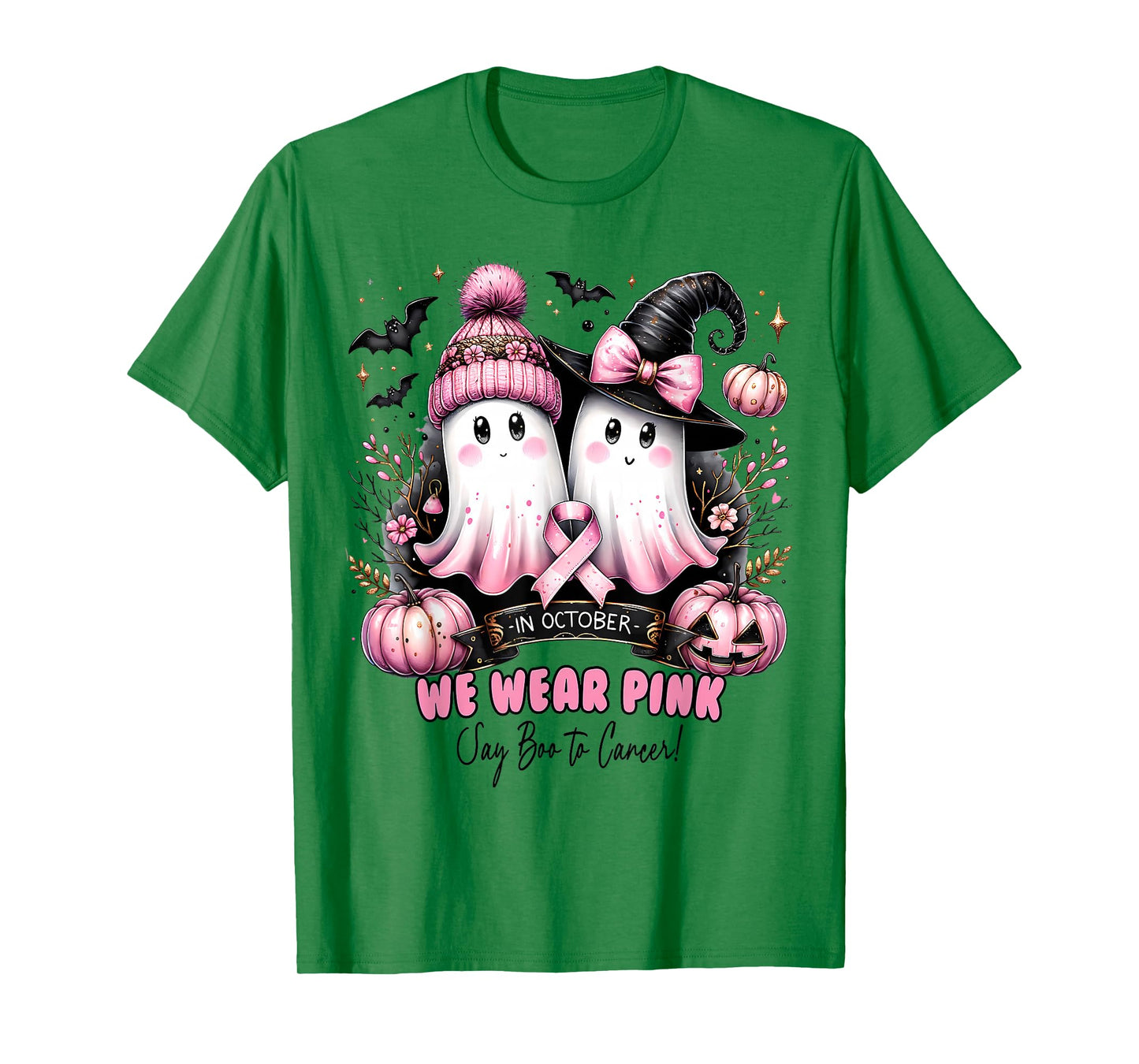 in October We Wear Pink Ghost Witch Breast Cancer Awareness T-Shirt