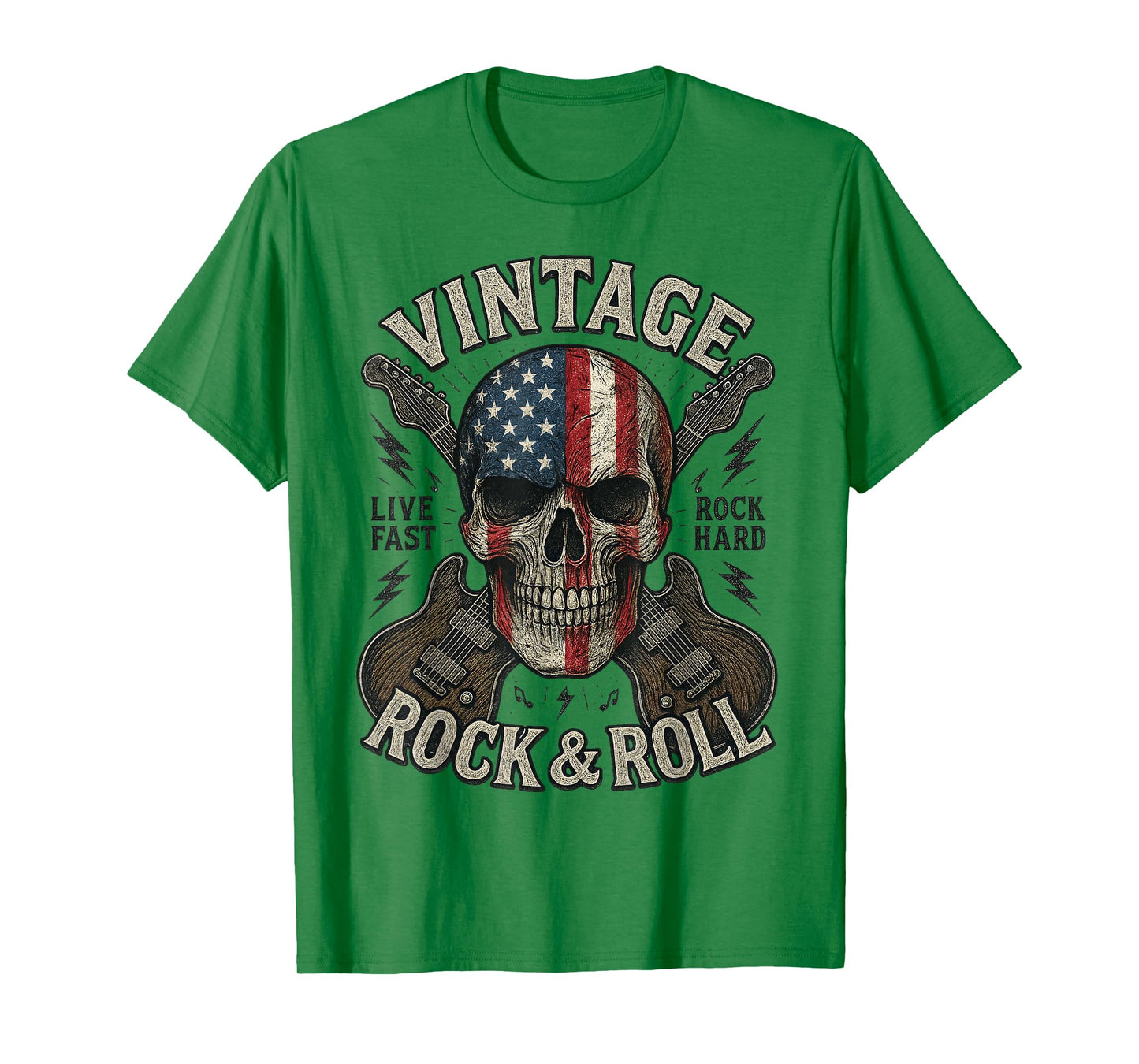 Vintage Rock Skull American Flag Guitar Retro Rock and Roll T-Shirt