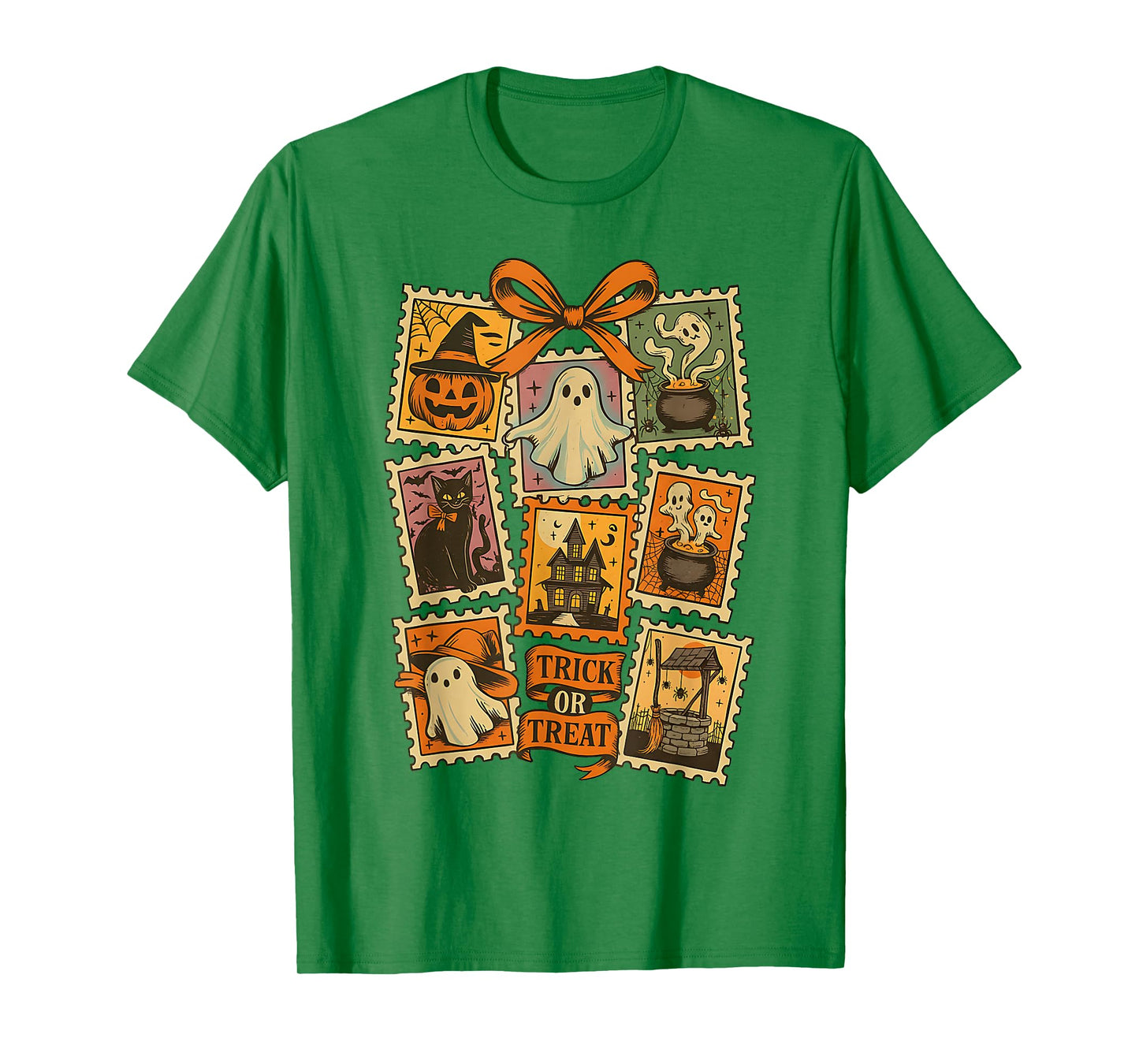 Halloween Stamp Spooky Ghost Boo Pumpkin Coquette Bow Retro T-Shirt