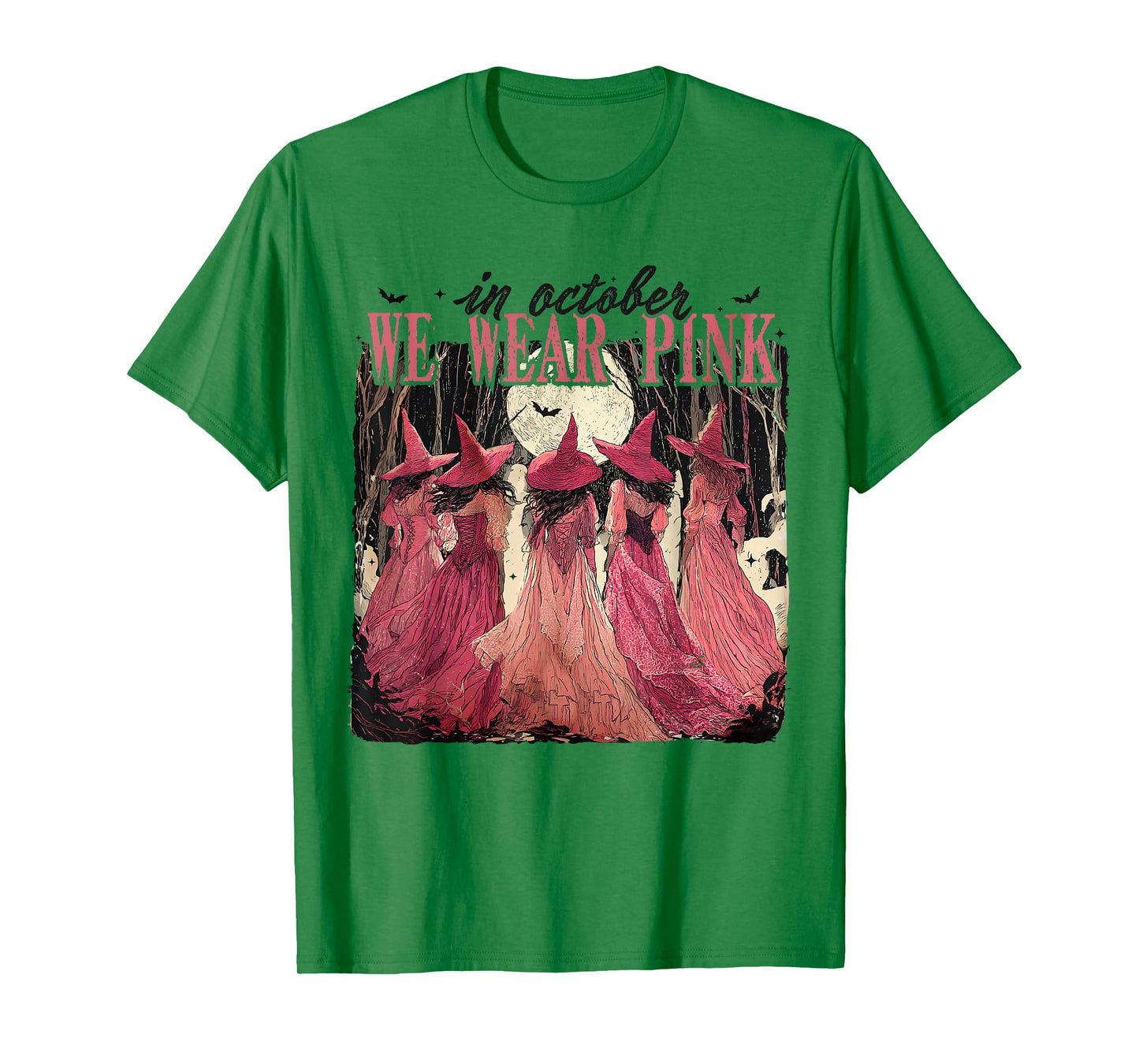 in October We Wear Pink Witches Halloween Breast Cancer T-Shirt