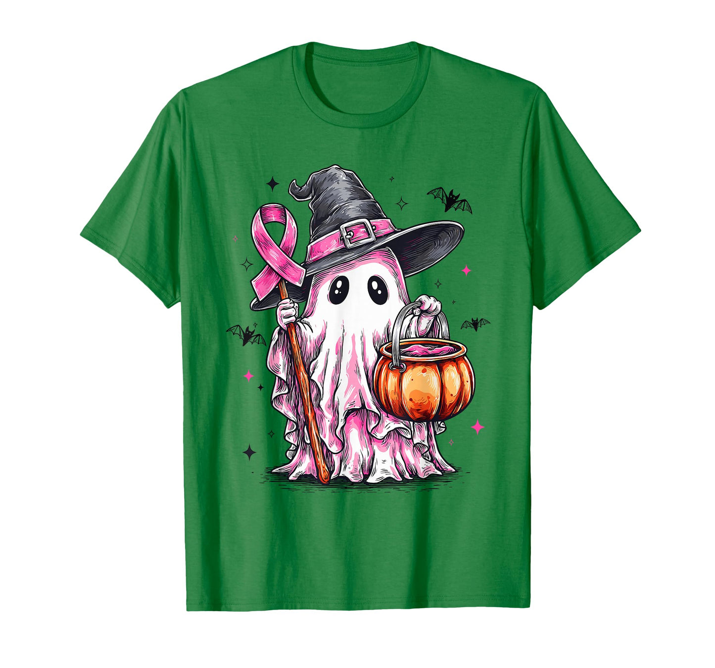 Retro Pink Ghost Witch Halloween Breast Cancer Awareness T-Shirt