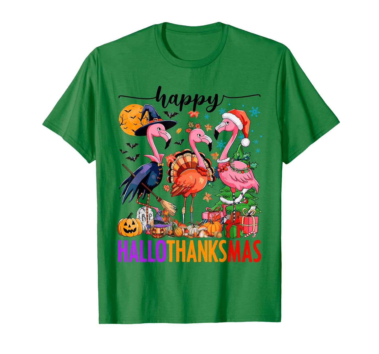 Happy Hallothanksmas Pink Flamingos Halloween Thanksgiving T-Shirt