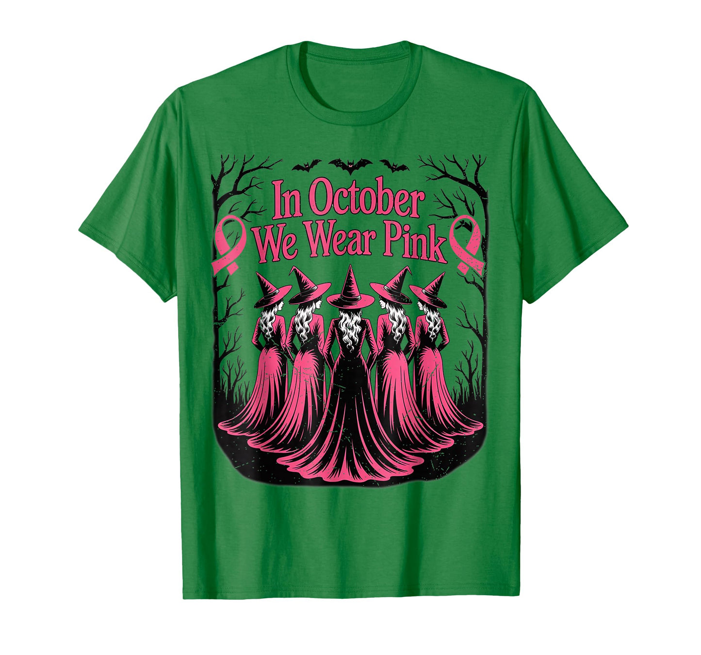 in October We Wear Pink Ghost Witch Breast Cancer Awareness T-Shirt