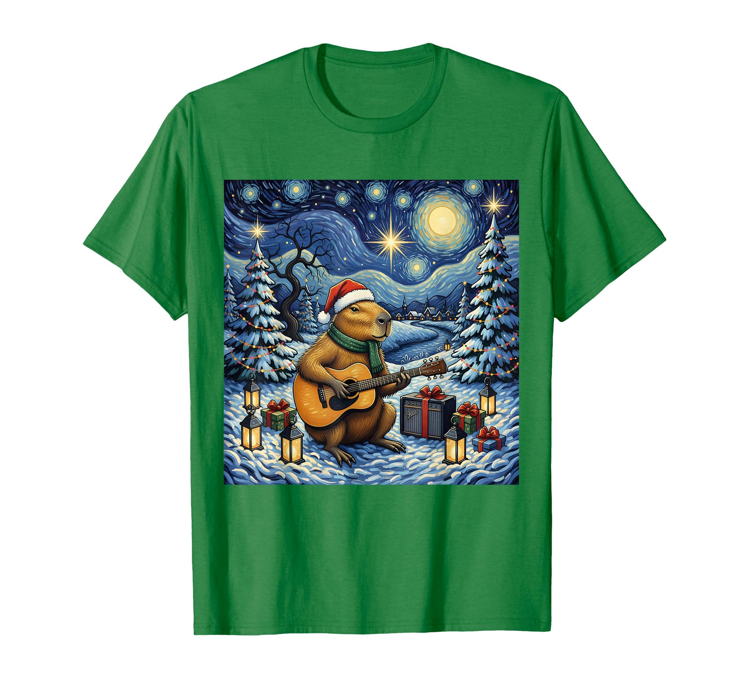 Capybara Playing The Guitar Van Gogh Style Christmas Themed T-Shirt