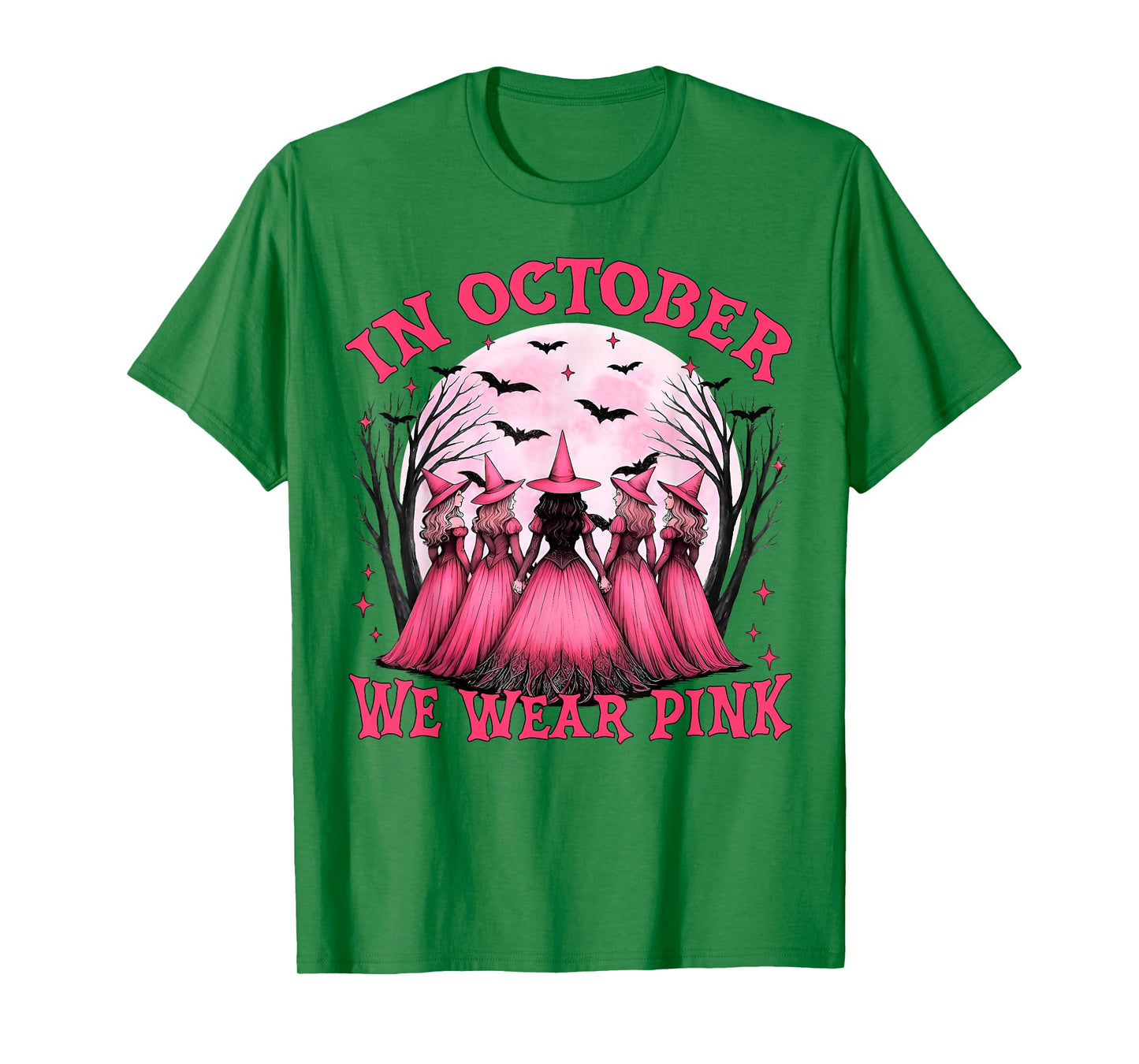 in October We Wear Pink Ribbon Breast Cancer Witch Halloween T-Shirt