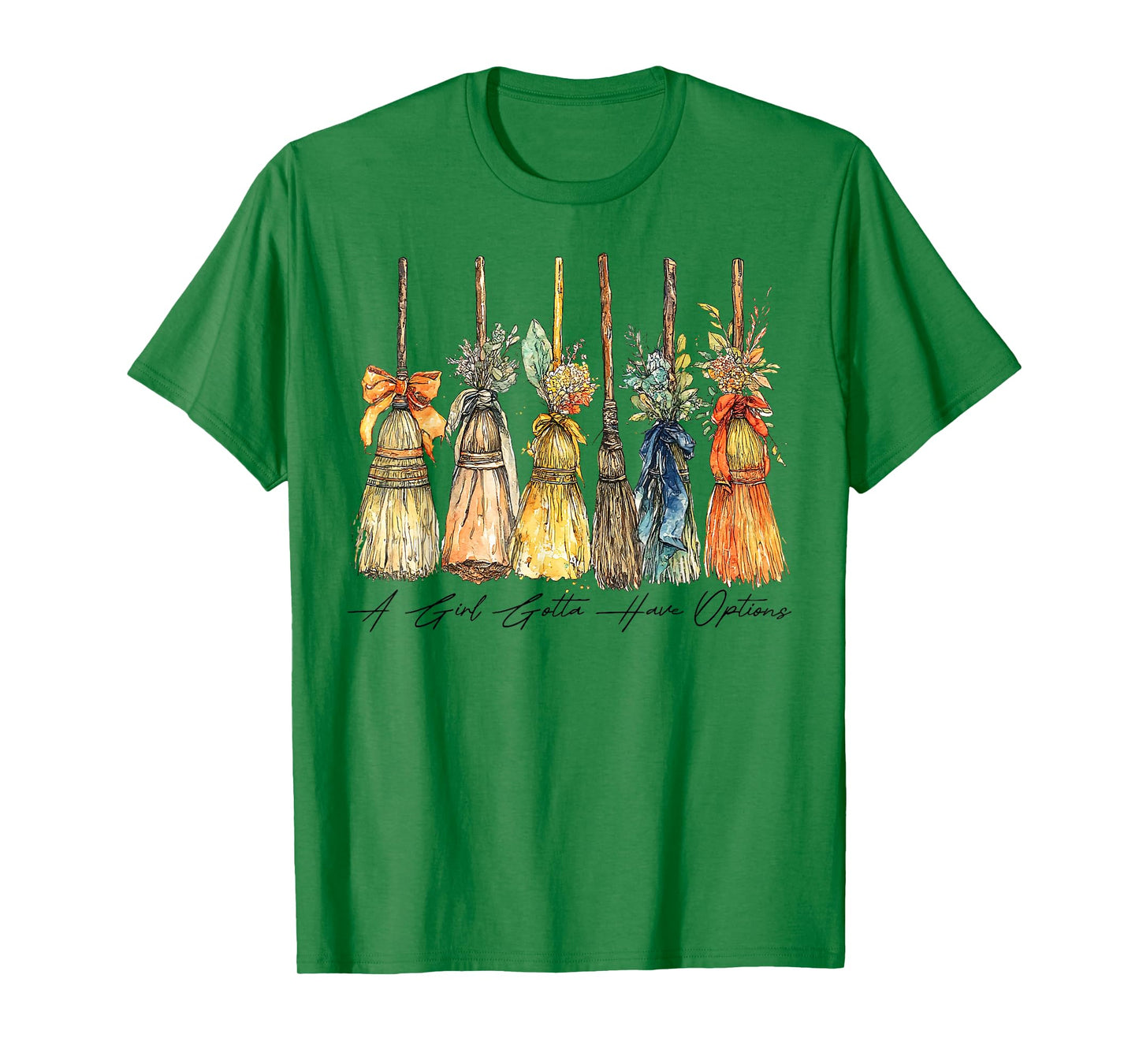 A Girl Gotta Have Options Halloween Witches Bow Floral Broom T-Shirt
