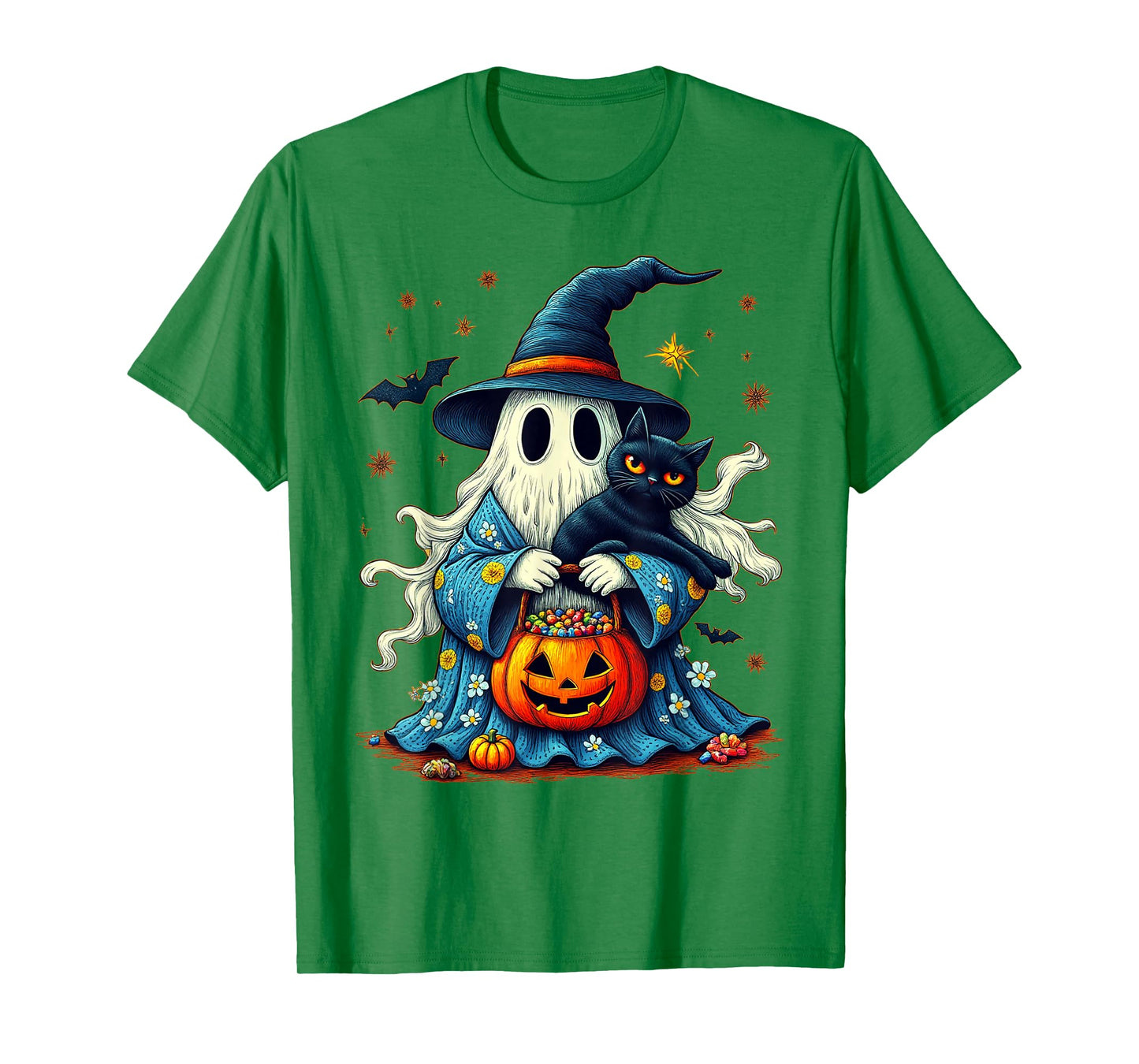 Vintage Halloween 2025 Ghost Holding Black Cat Groovy Floral T-Shirt