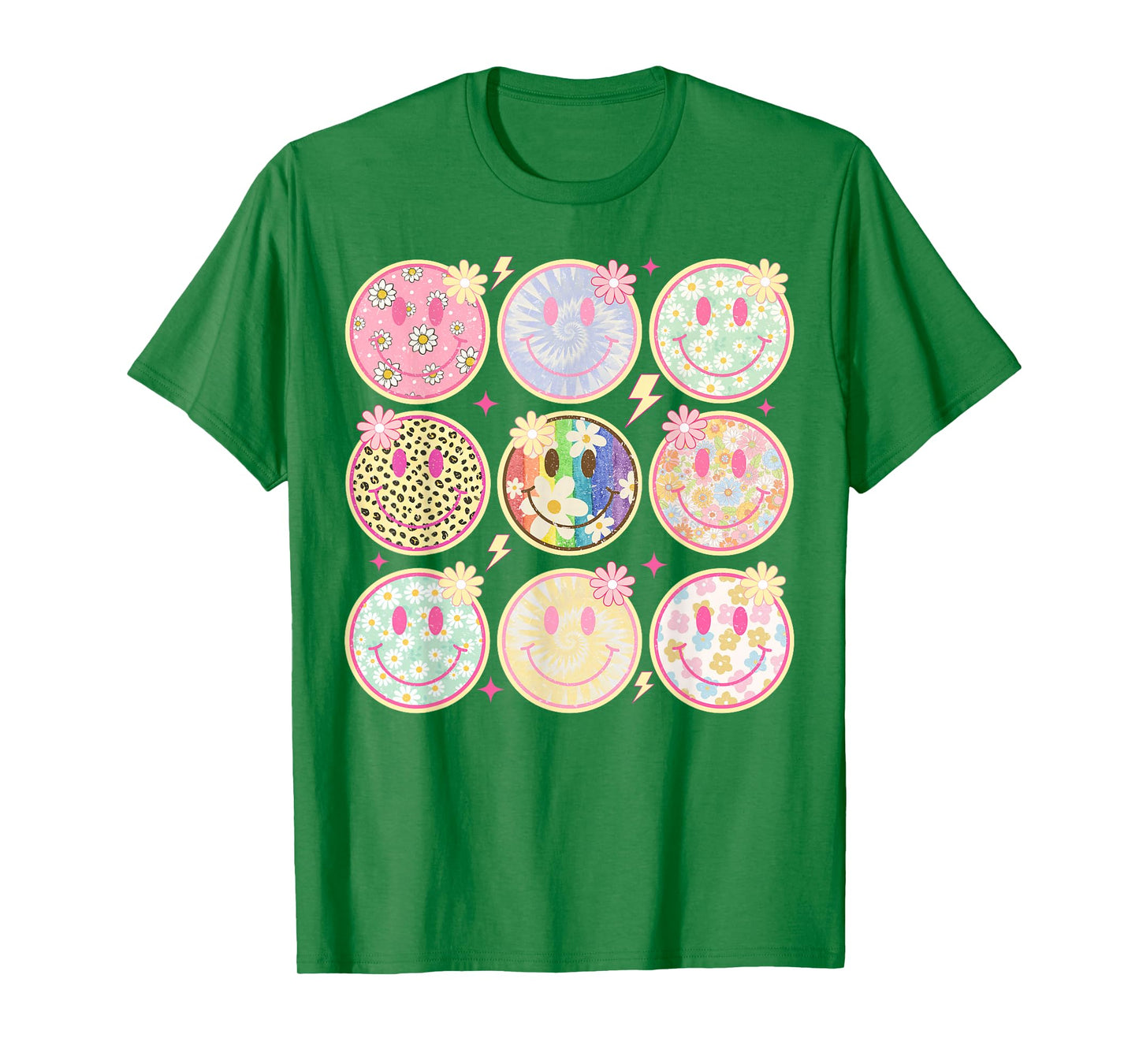 Retro Groovy Smile Face Flower Happy Face Checkered Pattern T-Shirt