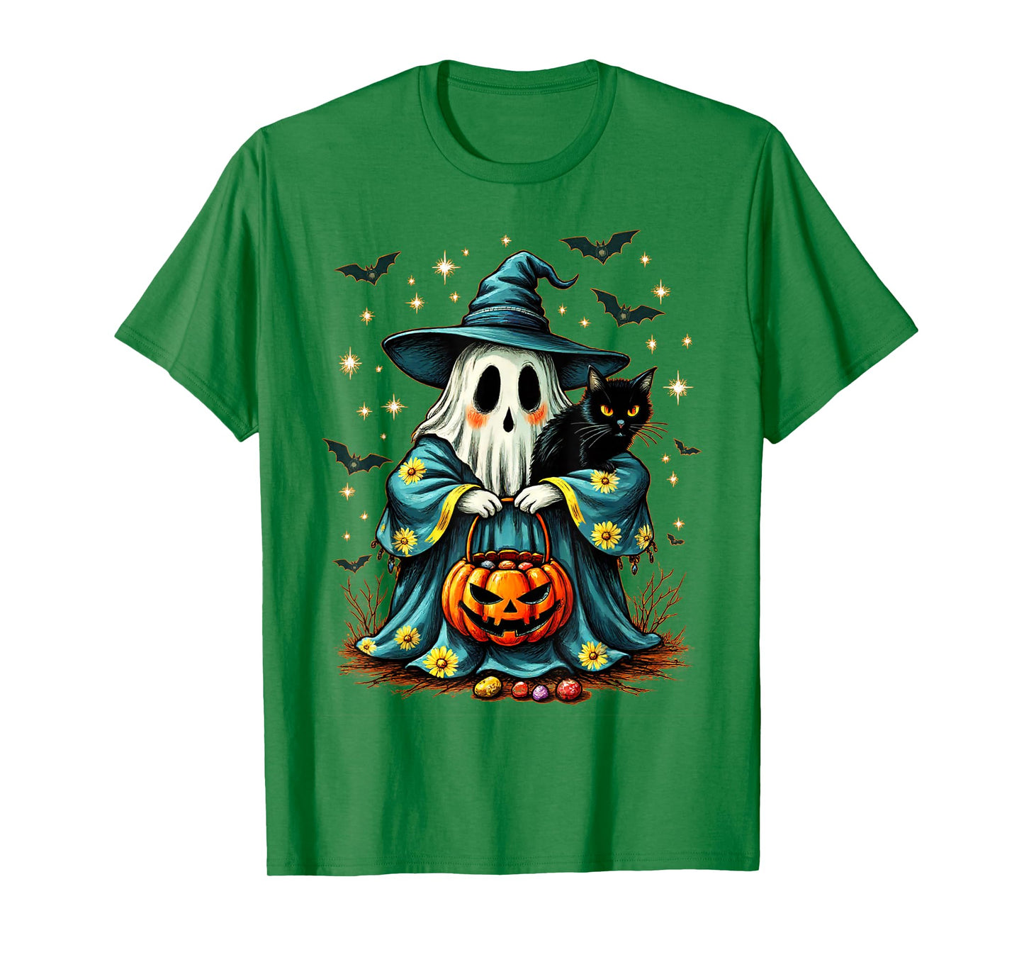 Halloween 2025 Ghost Holding Black Cat Groovy Floral Vintage T-Shirt