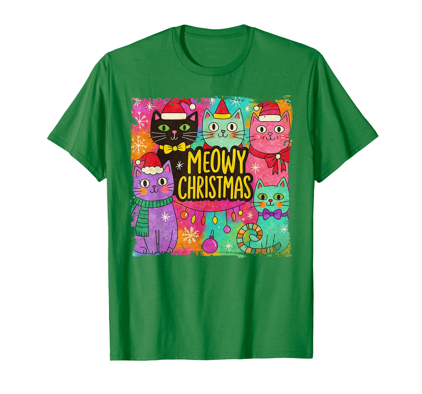 Preppy Meowy Christmas Cat with Santa Hat Kittens Xmas Tree T-Shirt